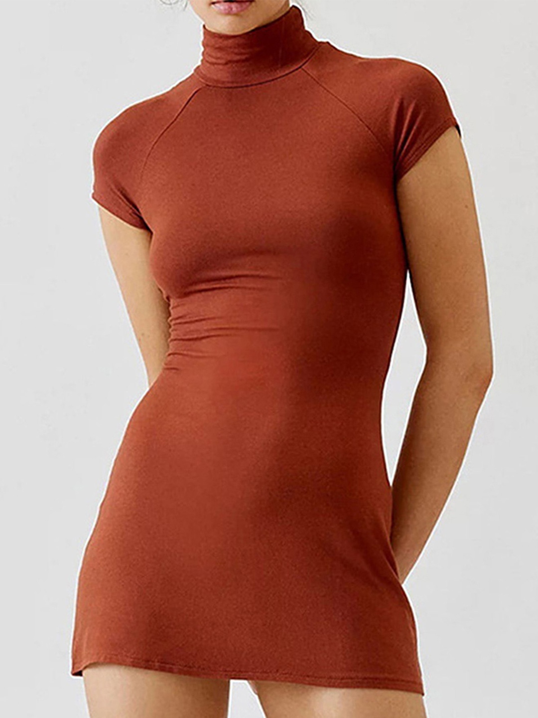 

LULU & SKY Women High Neck Raglan Sleeves Bodycon Mini Dress, Brown