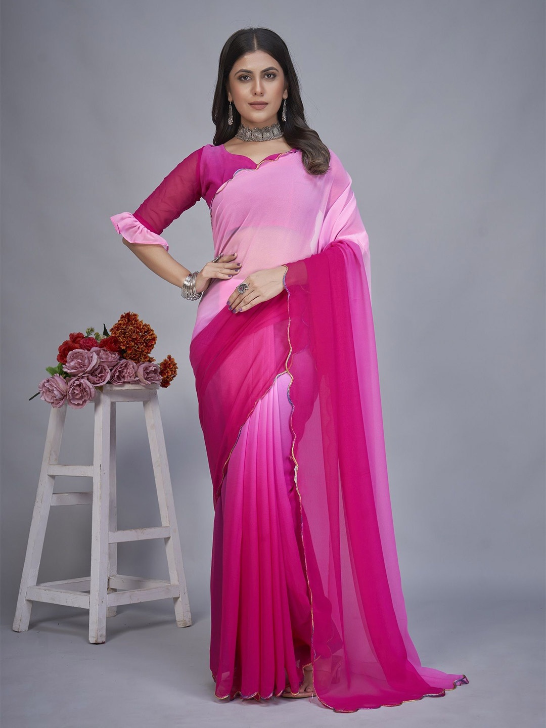 

Aika Colourblocked Pure Cotton Chanderi Saree, Pink