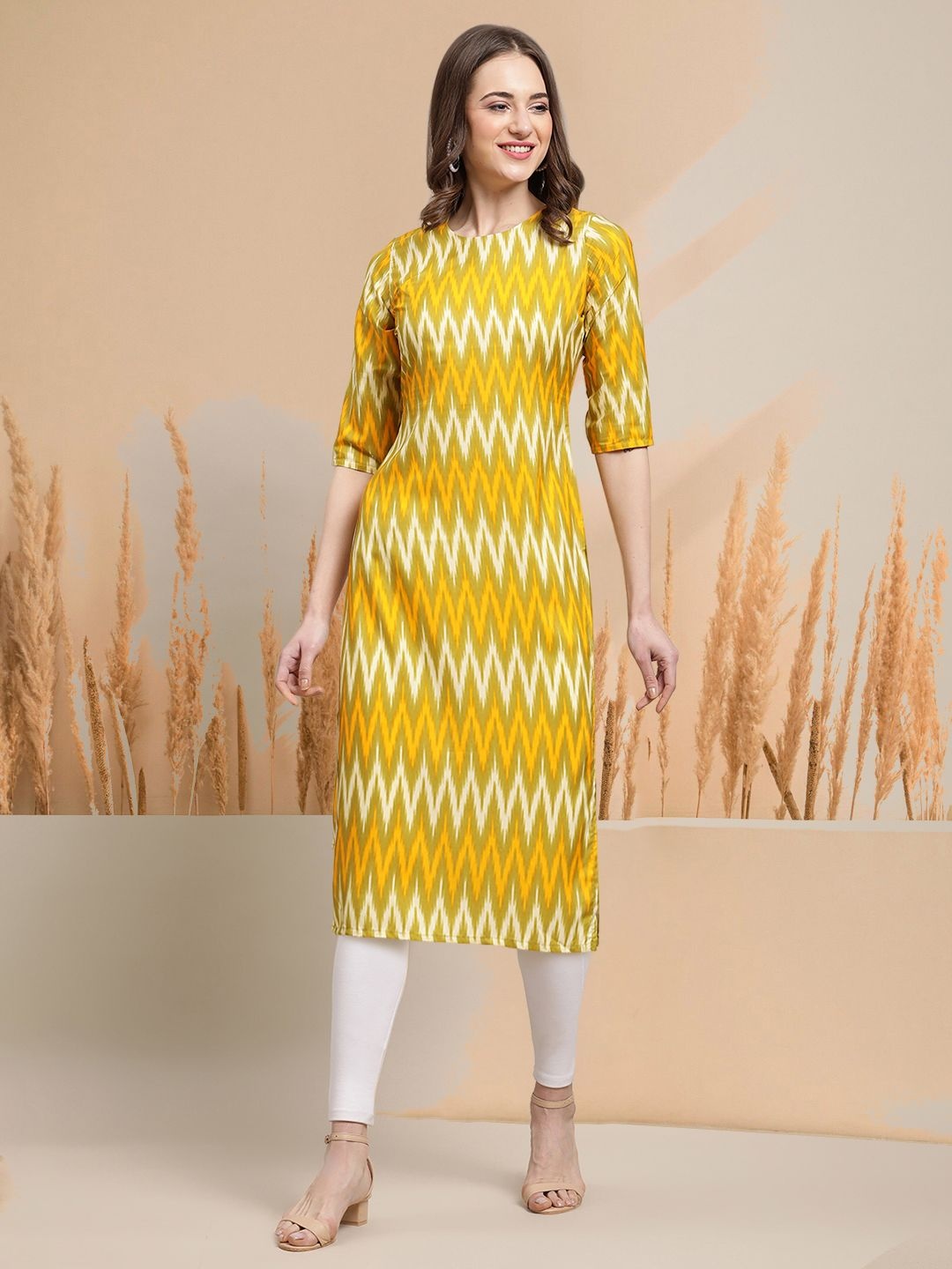 

7Threads Selection Of 2 Chevron Printed Round Neck Straight Kurta, Yellow