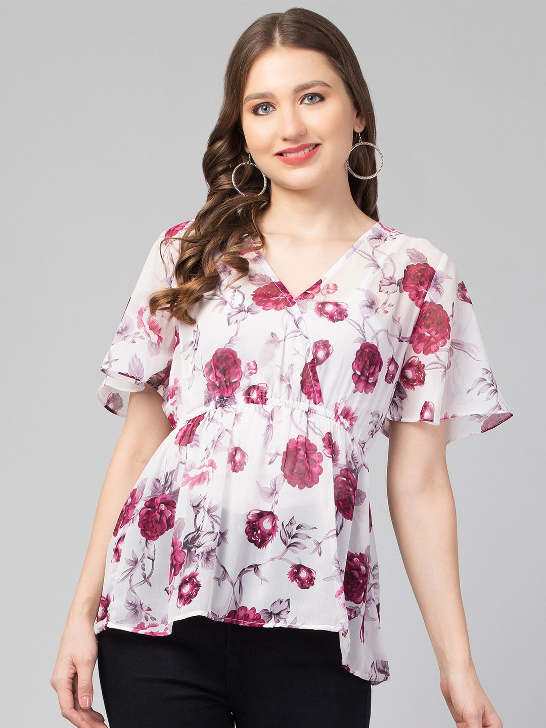

CULPI Women Floral Printed Cinched Waist Top, White