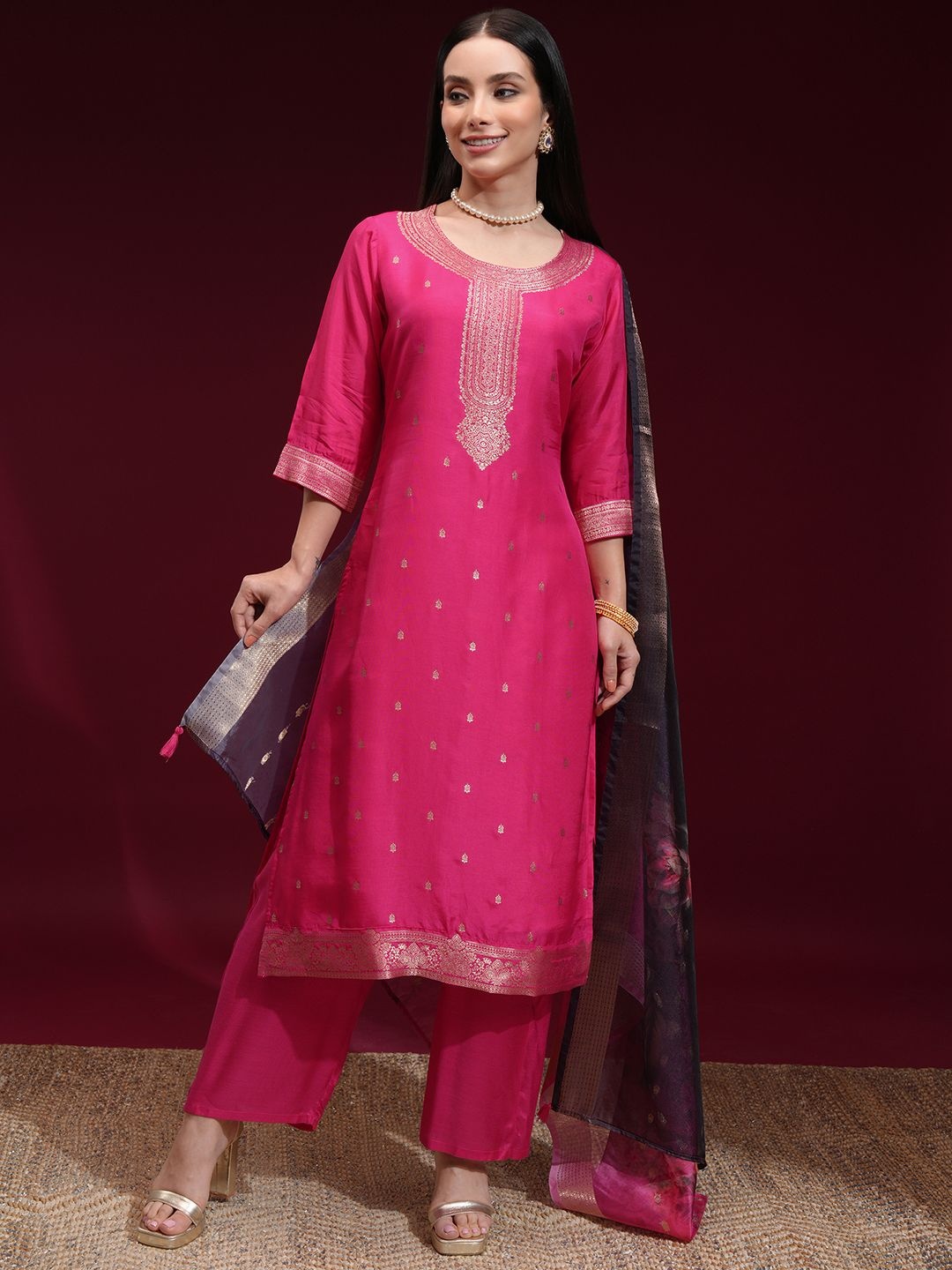 

Vishudh Ethnic Motifs Woven Design Print Round Neck Straight Kurta With Palazzo & Dupatta, Pink