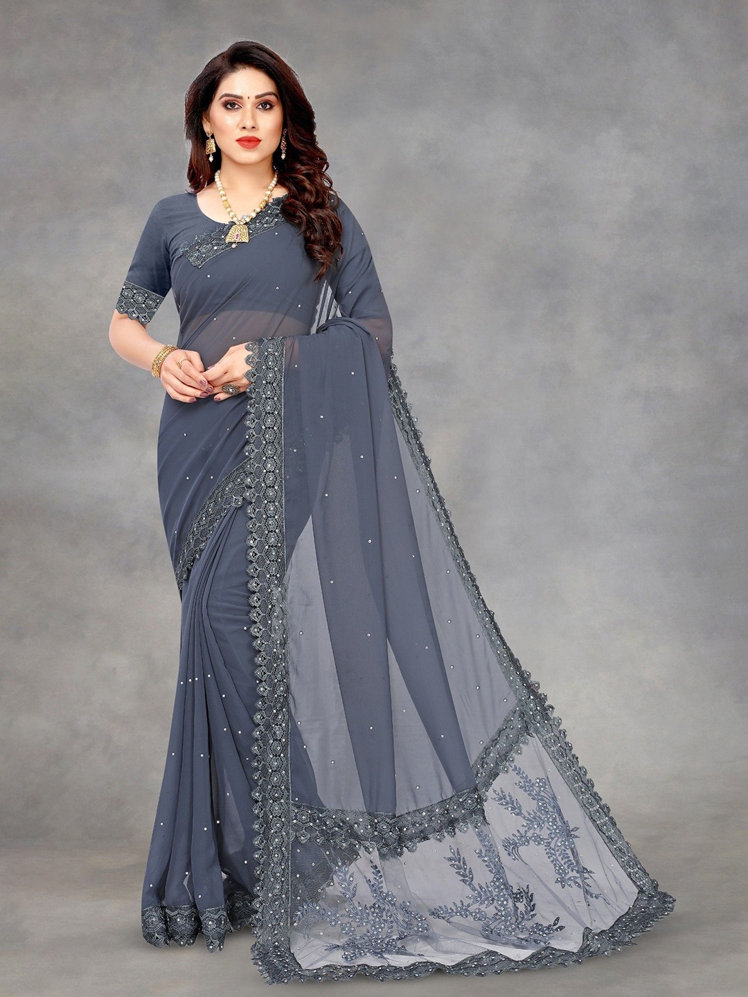 

Aika Women Beads and Stones Saree With Blouse Piece, Grey
