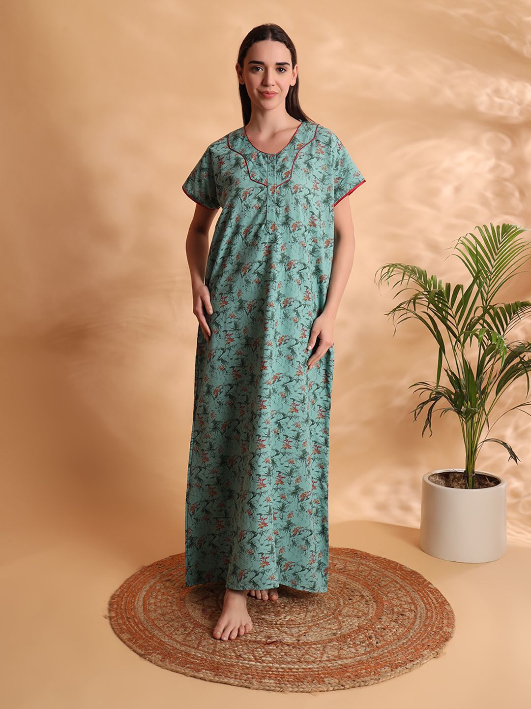 

G4Girl Women Printed V-Neck Maxi Nightdress, Sea green