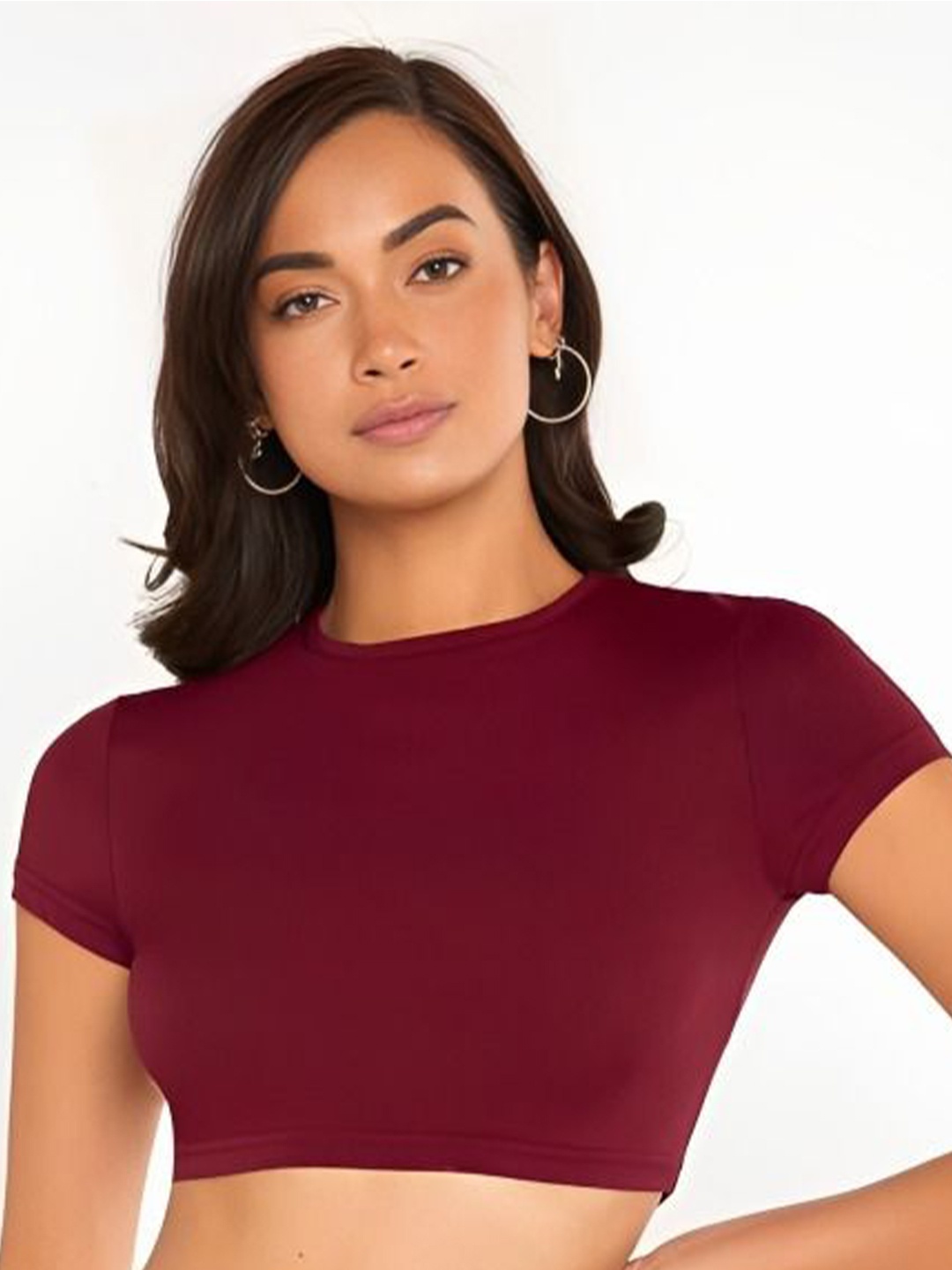 

sollobell Round Neck Cotton Crop Fitted Top, Maroon