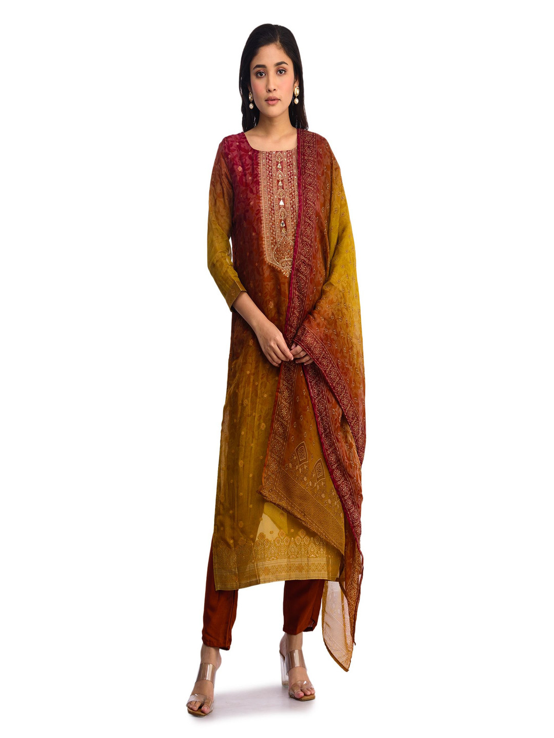

ISHKIYA Floral Printed Beads And Stones Tissue Straight Kurta With Trousers And Dupatta, Maroon