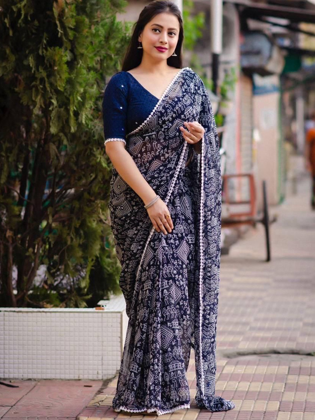 

Upalksh Warli Printed Pure Cotton Saree, Blue
