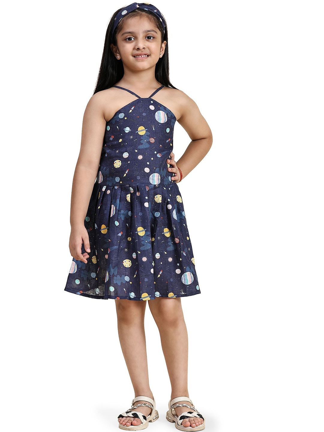 

Funny Bones Clothings Girls Print Halter Neck Linen A-Line Dress, Navy blue
