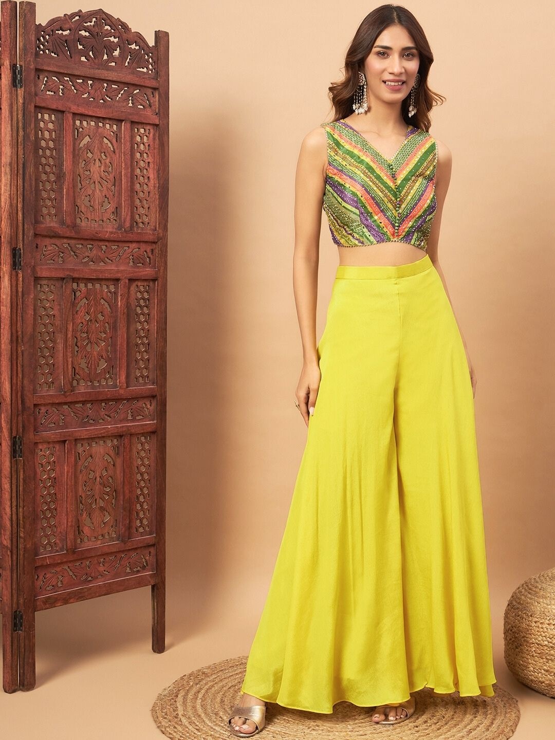 

Chhabra 555 Embellished Sleeveless Top With Palazzo & Shrug, Yellow