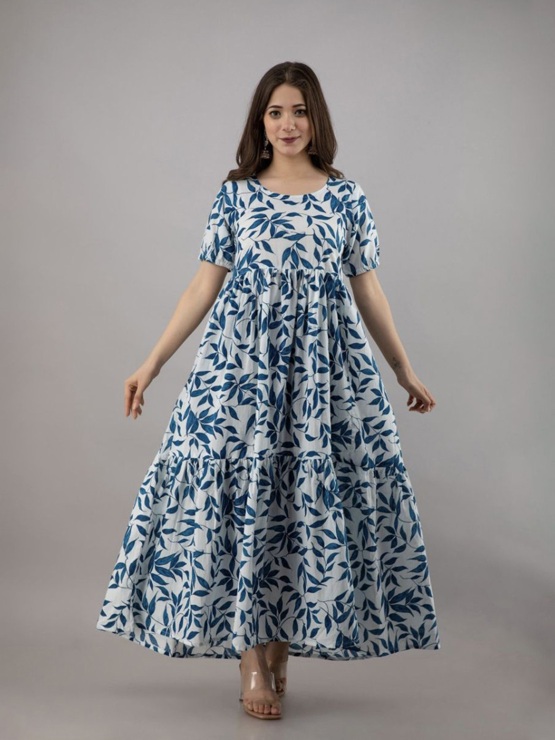 

Twirl Tales Tropical Printed Puff Sleeve Cotton Tiered A-Line Maxi Dress, Blue