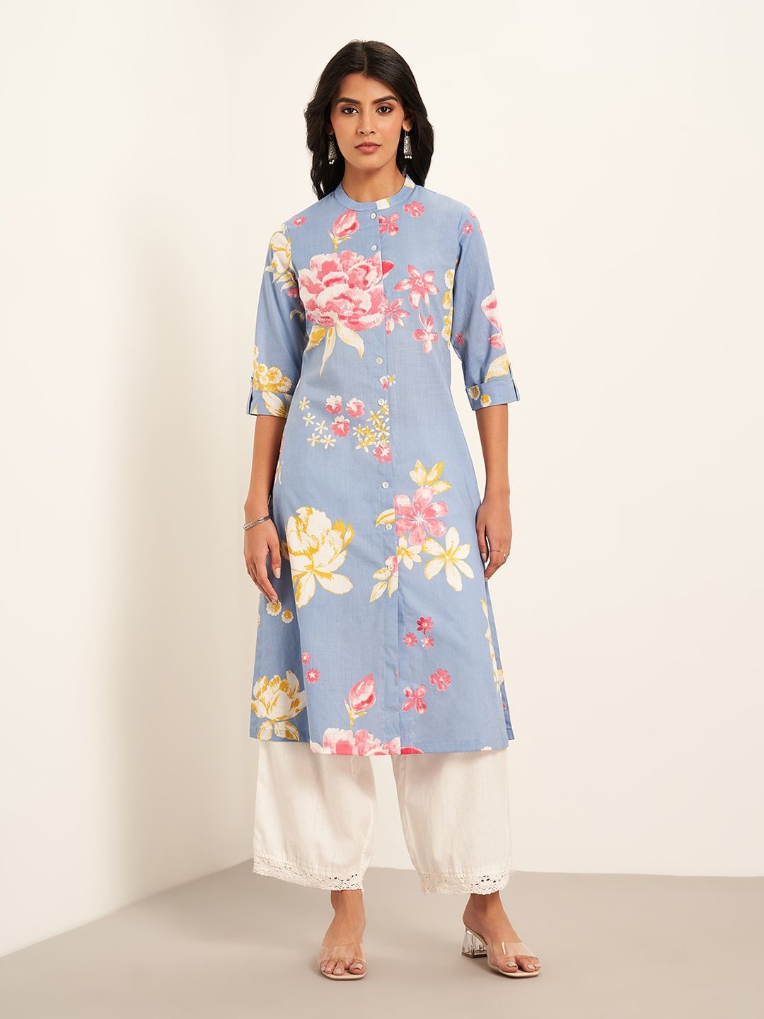 

RANGMANCH BY PANTALOONS Women Floral Printed Thread Work Kurta, Blue