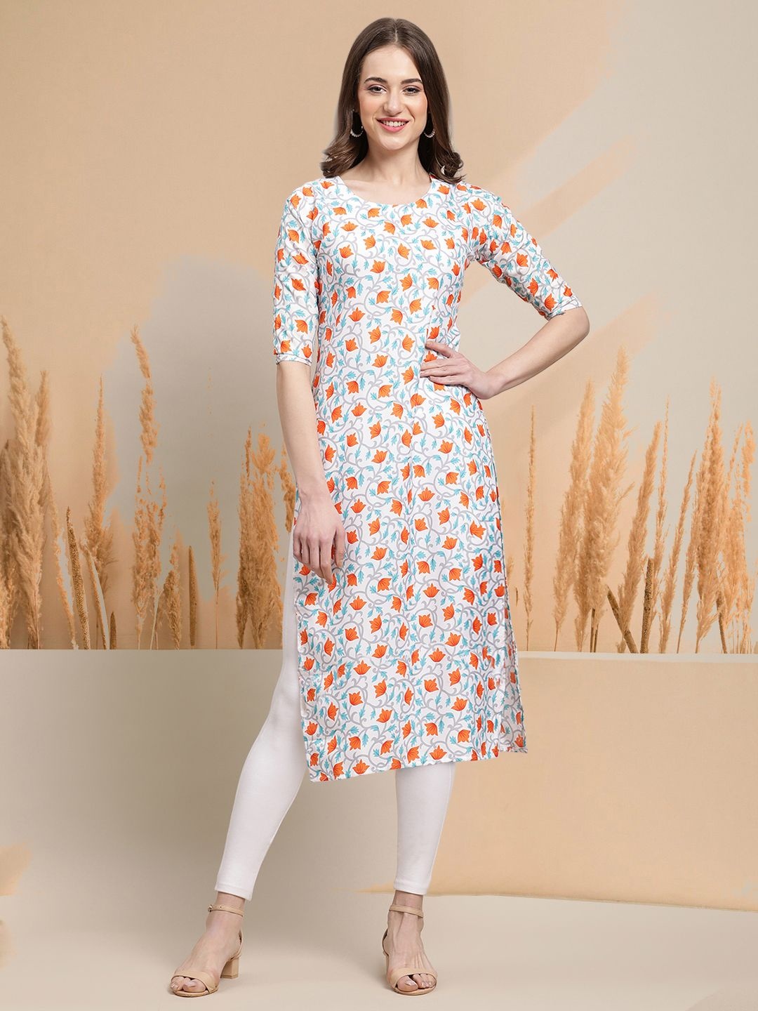 

7Threads Selection Of 5 Floral Printed Round Neck Straight Kurtas, Pink
