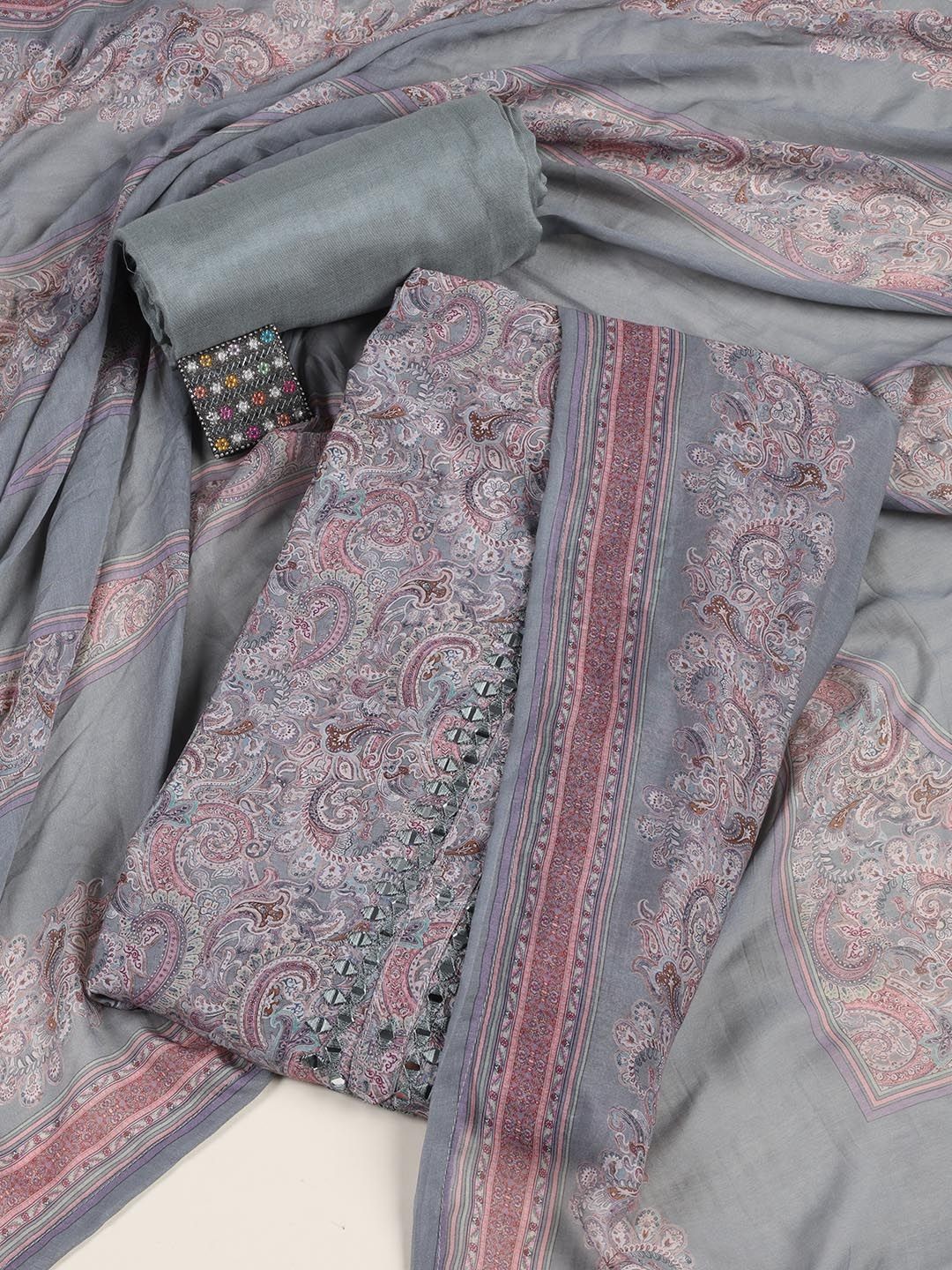 

Meena Bazaar Printed Art Silk Unstitched Dress Material, Grey
