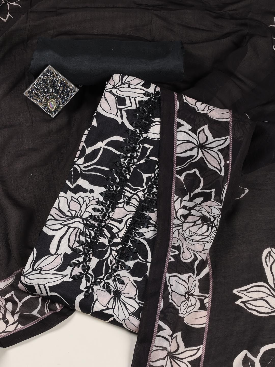 

Meena Bazaar Printed Art Silk Unstitched Dress Material, Black