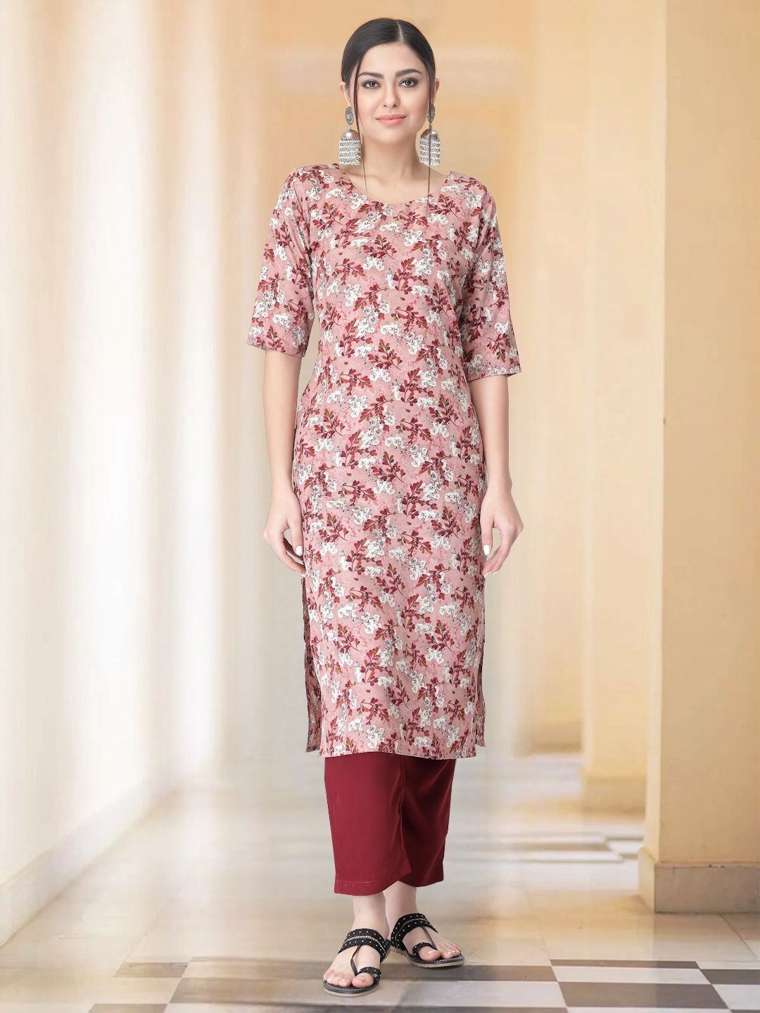 

7Threads Selection Of 2 Floral Printed Round Neck Straight Kurtas With Trousers, Pink