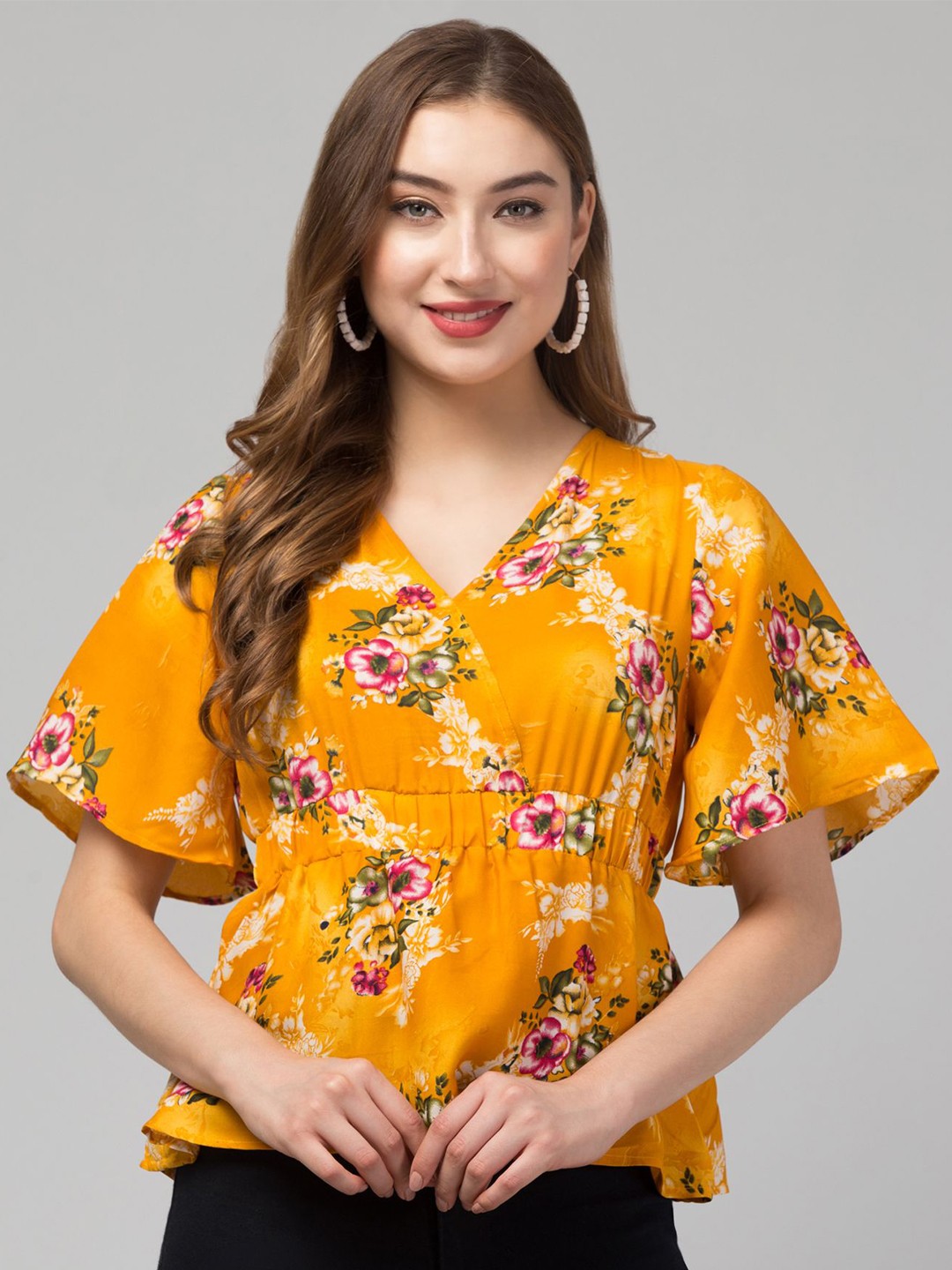 

CULPI Floral Printed Flared Sleeve Top, Yellow