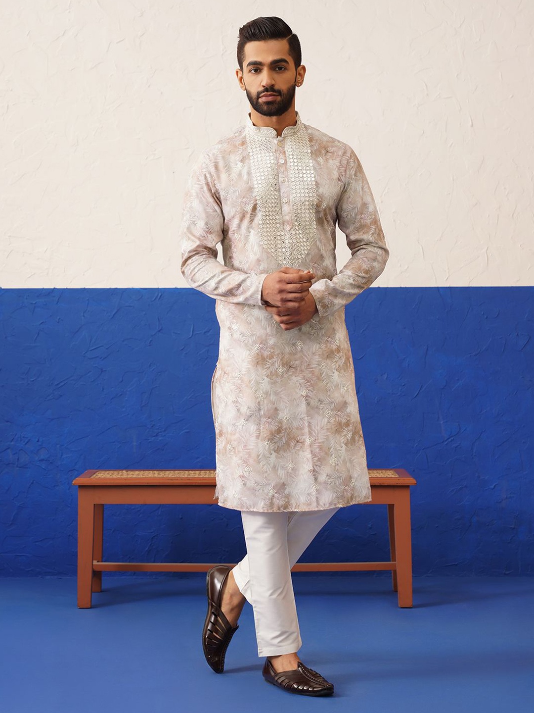 

TheEthnic.Co Men Floral Embroidered Regular Sequinned Kurta with Trouser, Beige