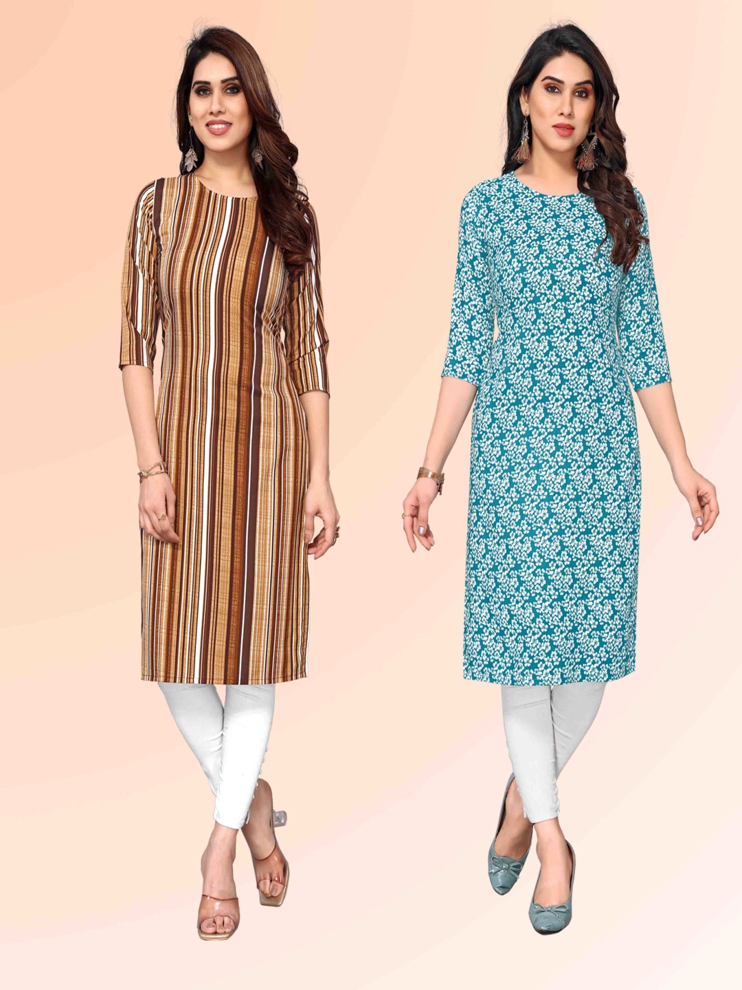 

KETAKI FASHION Selection Of 2 Striped Round Neck Straight Kurtas, Brown