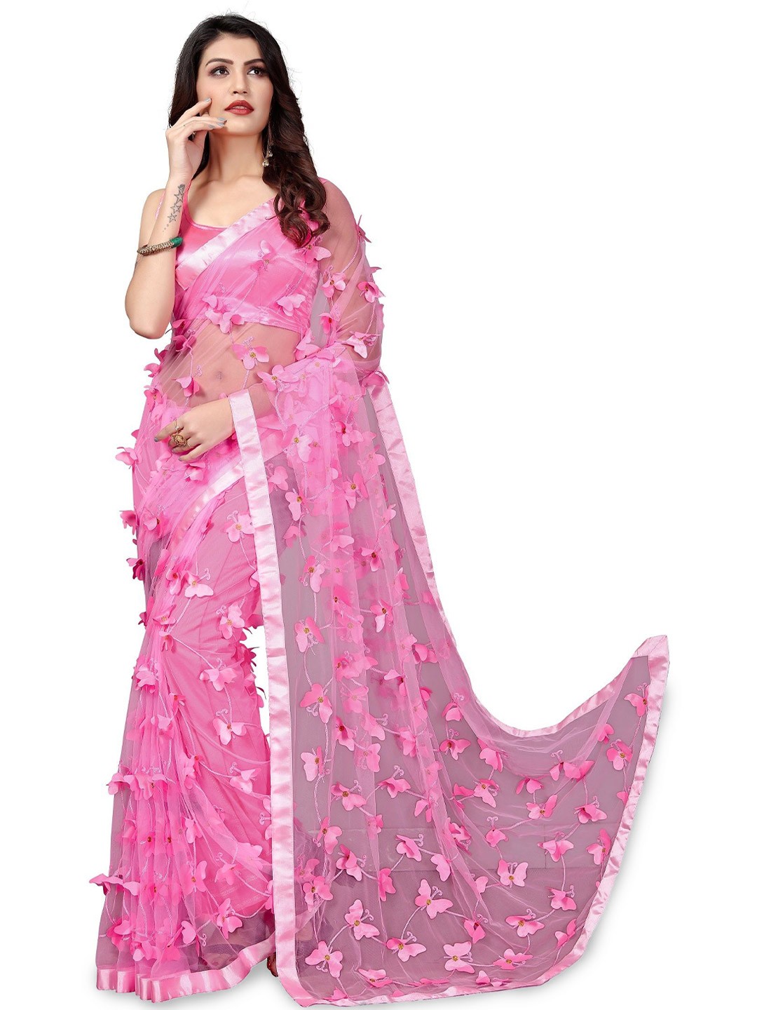 

Aika Butterfly Embroidered Satin Saree, Pink