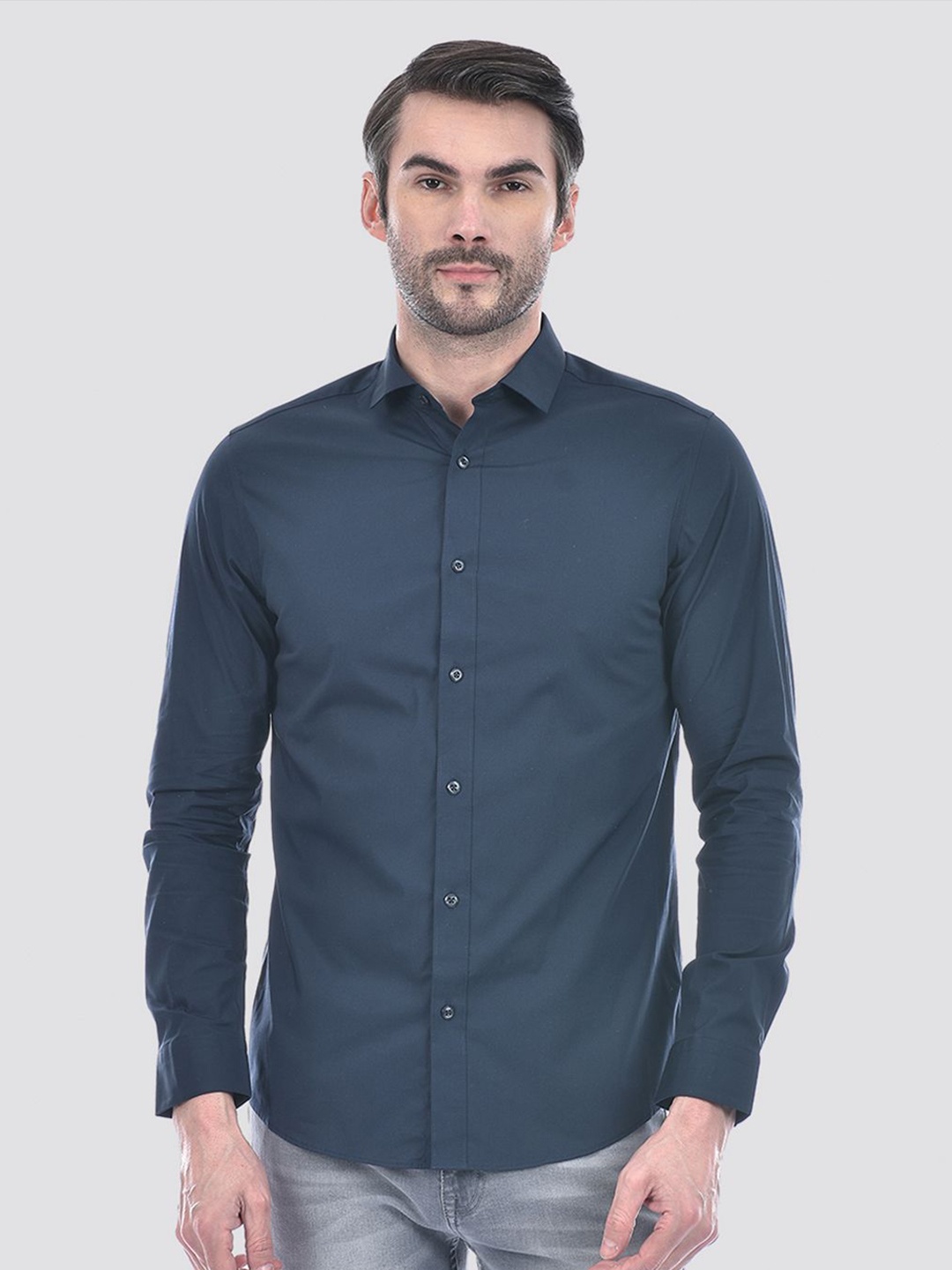 

Jack & Jones Men Slim Fit Spread Collar Solid Cotton Casual Shirt, Navy blue