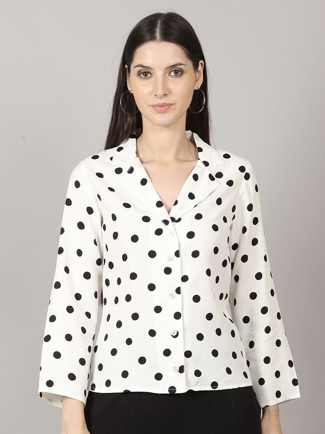 

PRIDEWEAR Women Contemporary Fit Cuban Collar Polka Dots Printed Casual Shirt, Off white