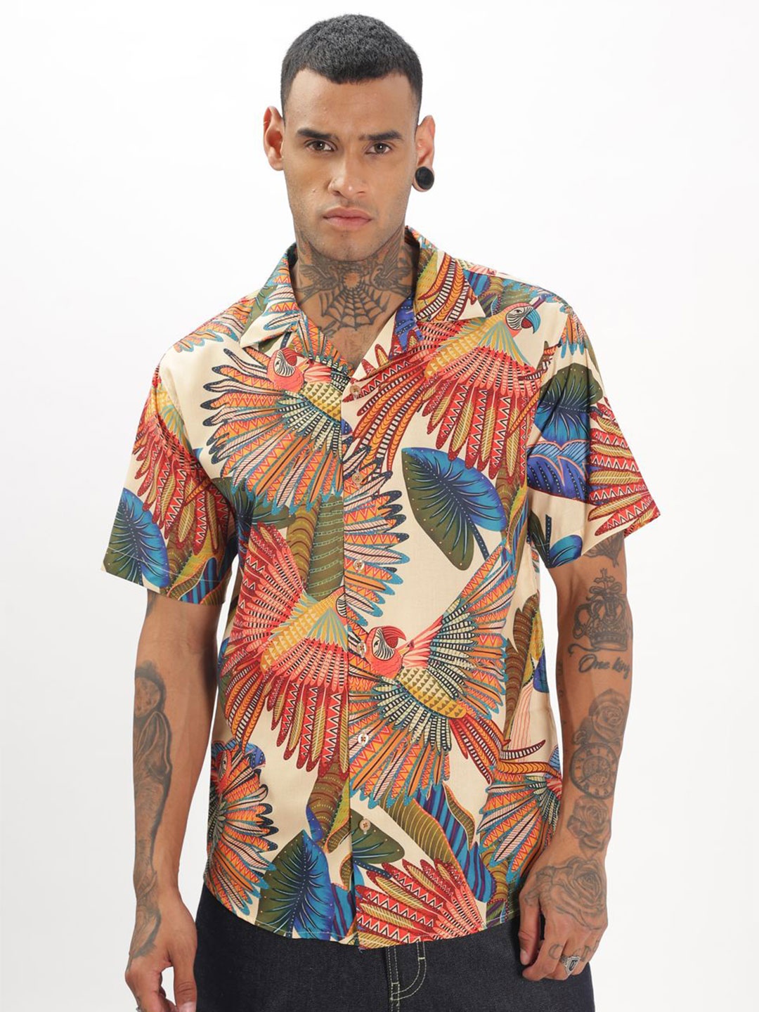 

BUMCHIQ Men Comfort Relaxed Fit Cuban Collar Graphic Printed Cotton Casual Shirt, Beige