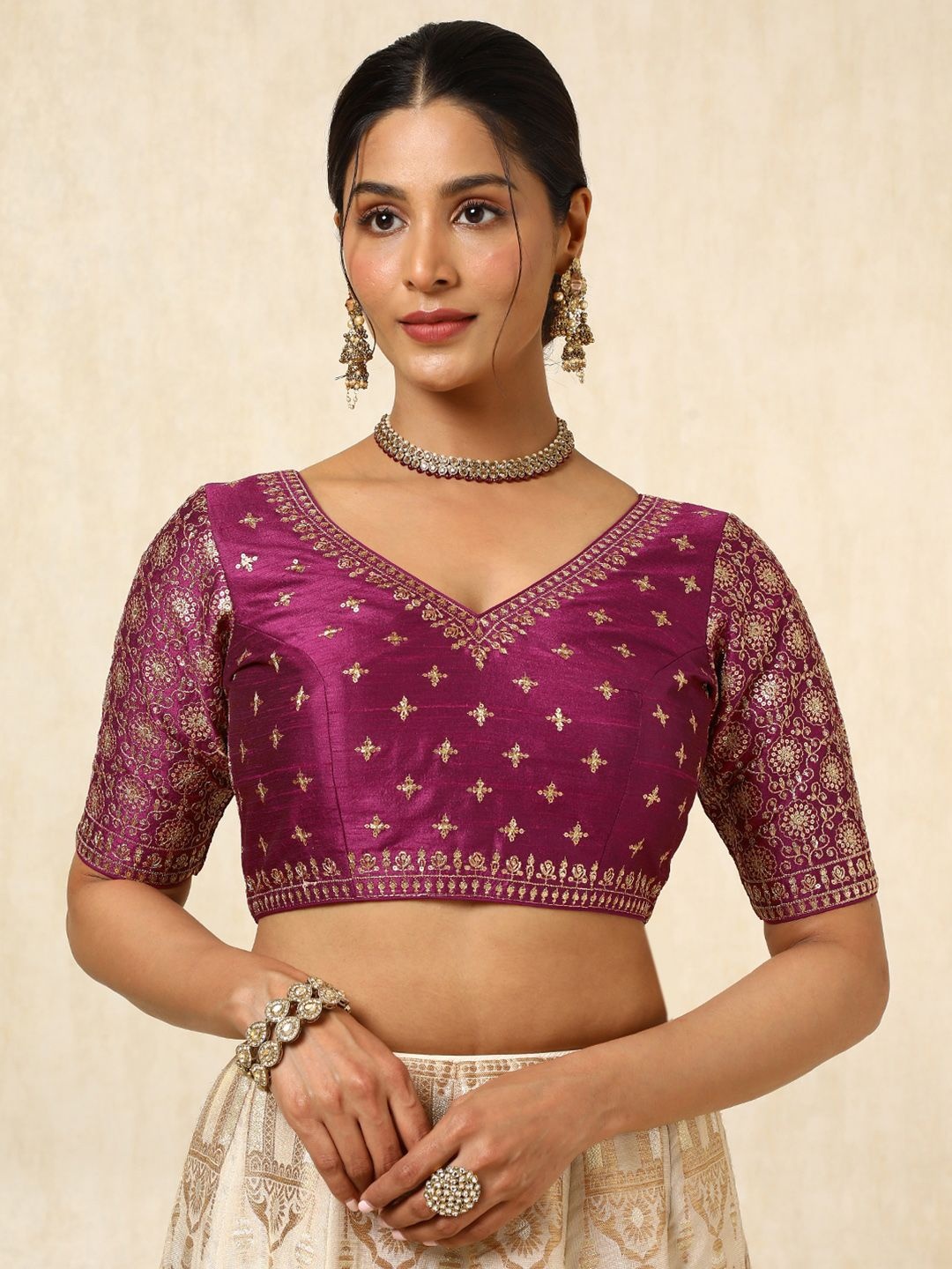 

Soch Embroidered Tussar Sequins Padded Saree Blouse, Magenta