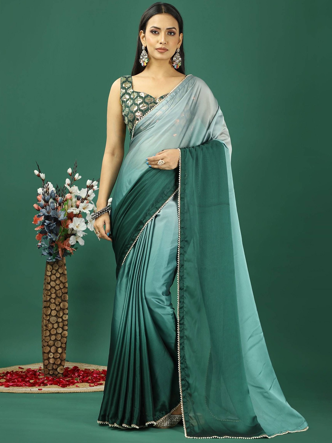

HI FI NX Ombre Beads and Stones Satin Banarasi Saree, Sea green