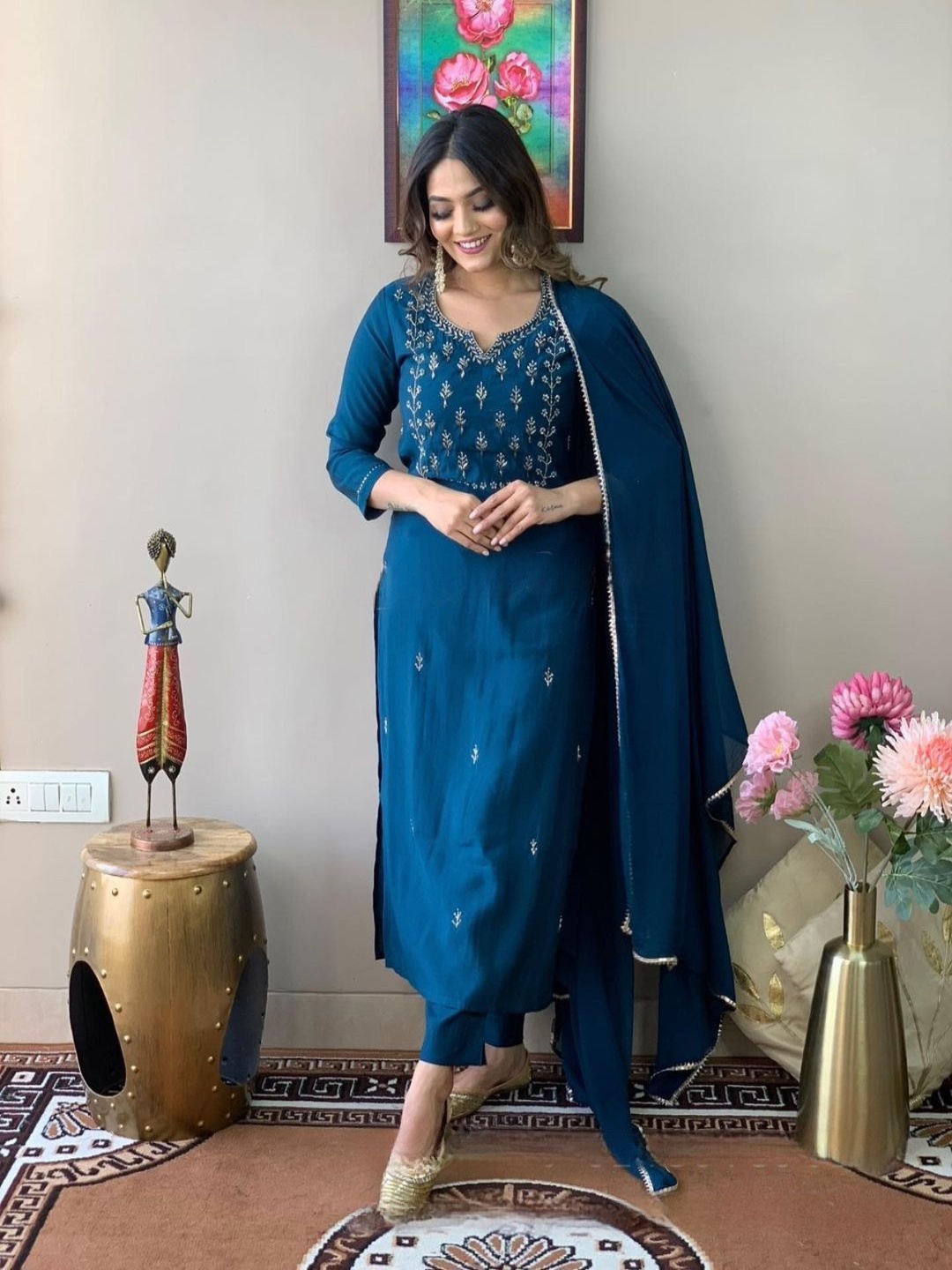 

IZIBRA Women Ethnic Motifs Embroidered Regular Gotta Patti Kurta with Trousers & With Dupatta, Blue