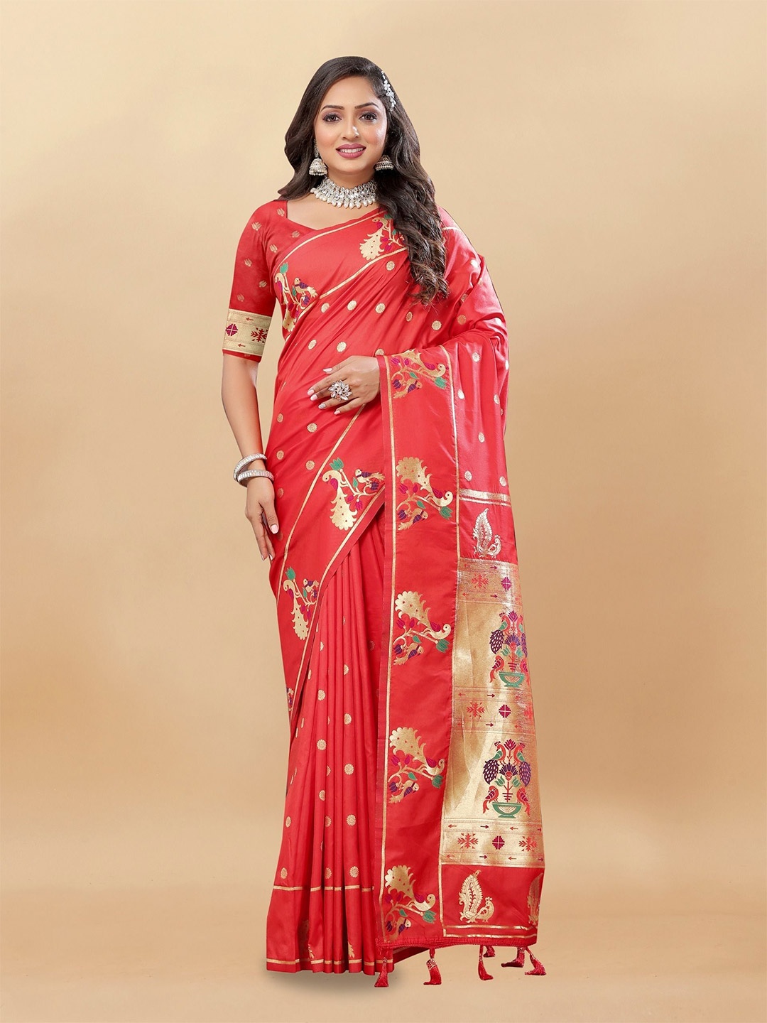 

Upalksh Woven Design Zari Pure Cotton Paithani Saree, Red