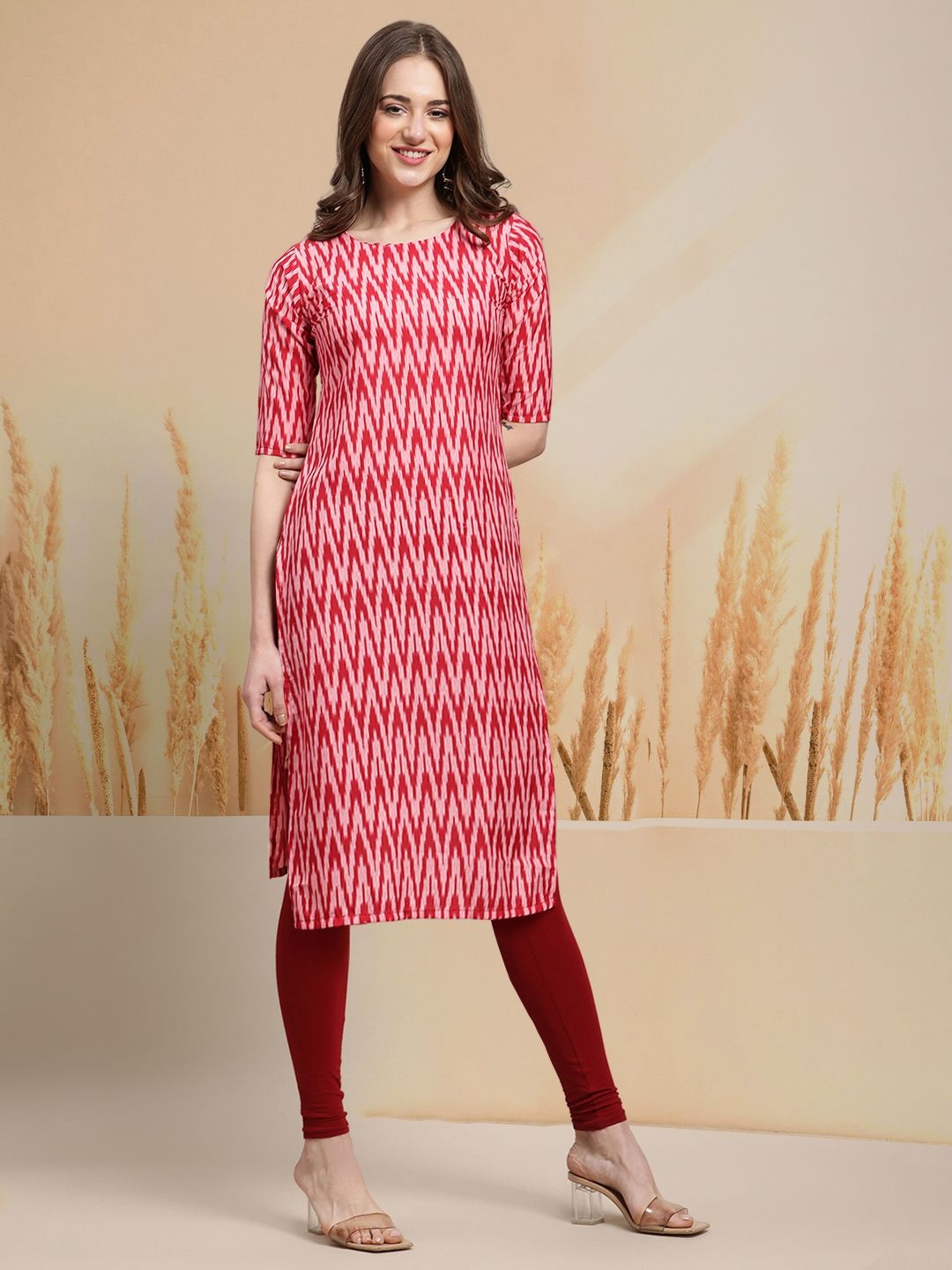 

7Threads Selection of 6 Chevron Printed Round Neck Straight Kurtas, Red