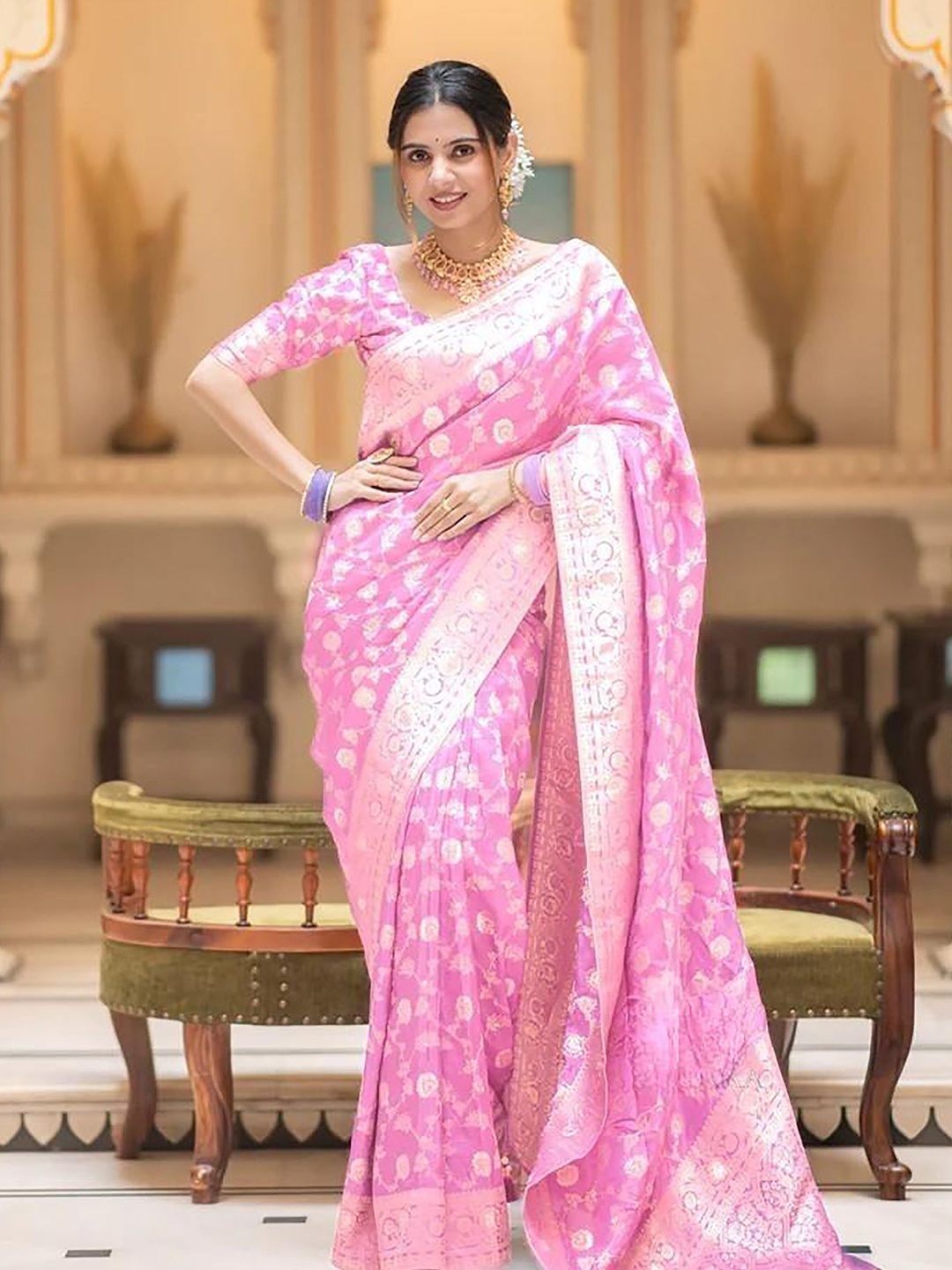

bigben textile Ethnic Motifs Woven Design Banarasi Saree, Pink