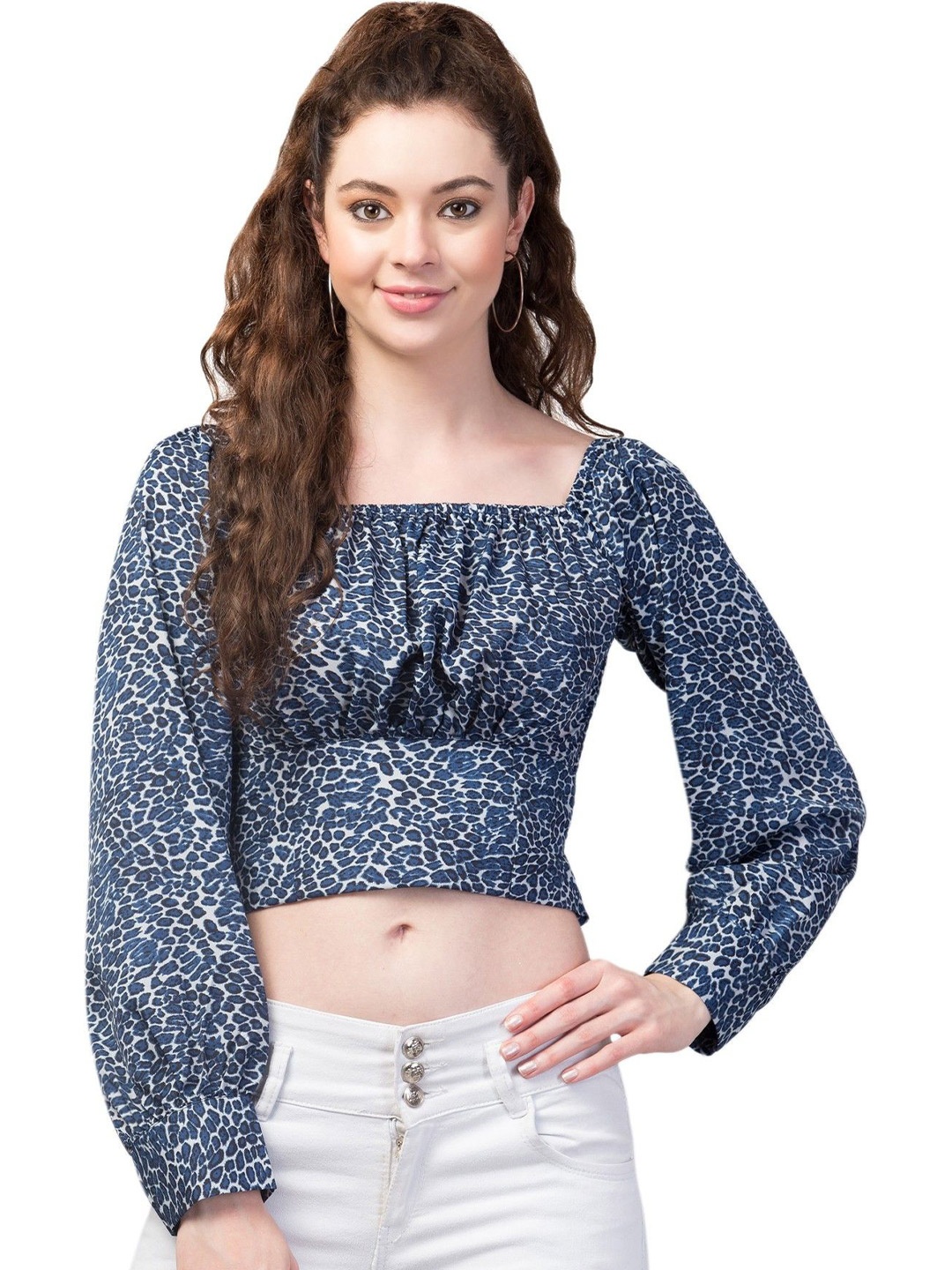 

CULPI Women Animal Printed Square Neck Bishop Sleeves Crop Blouson Top, Navy blue