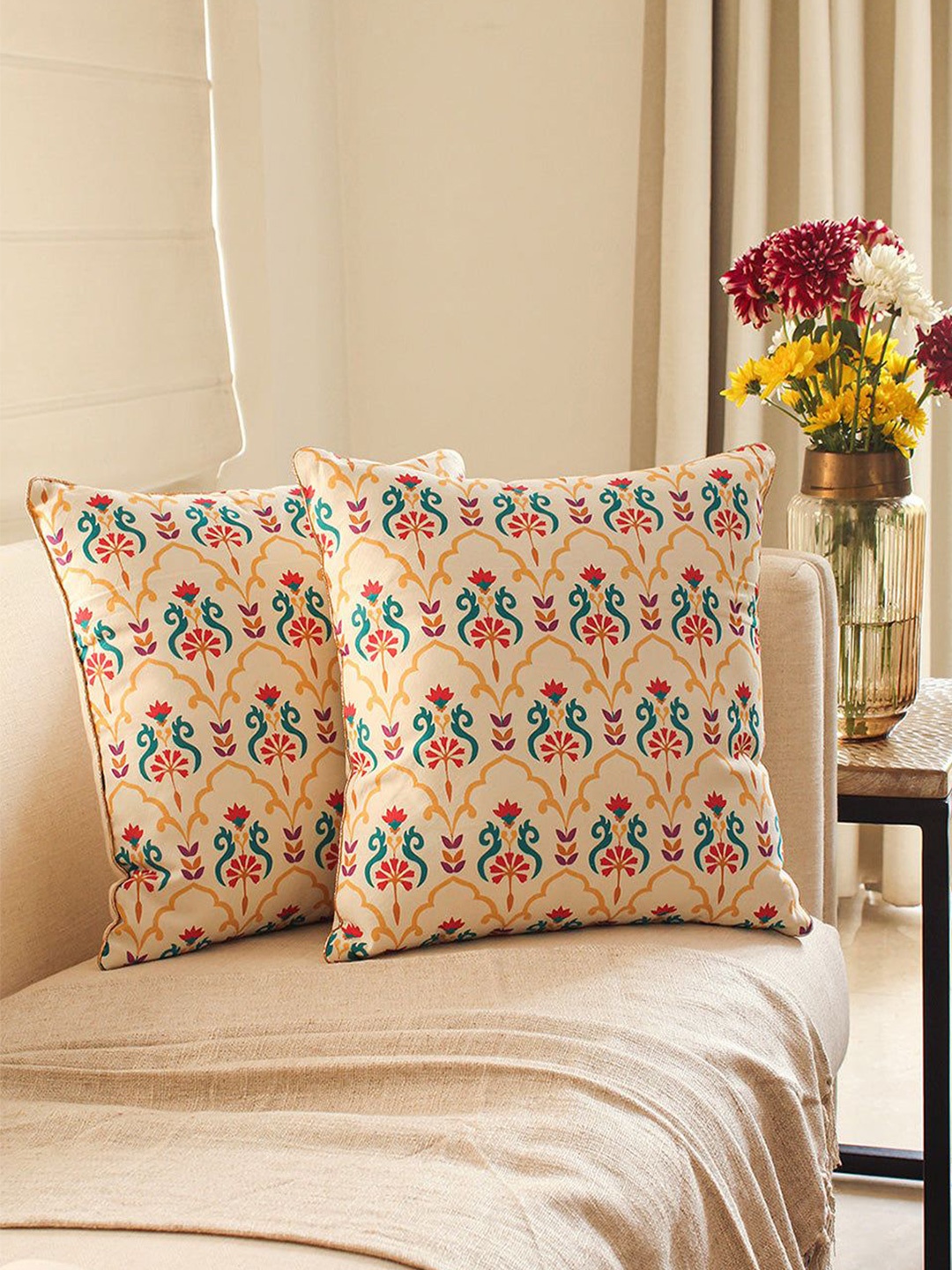 

TEAL BY CHUMBAK Off White & Red 2 Pieces Floral Cotton Square Cushion Covers