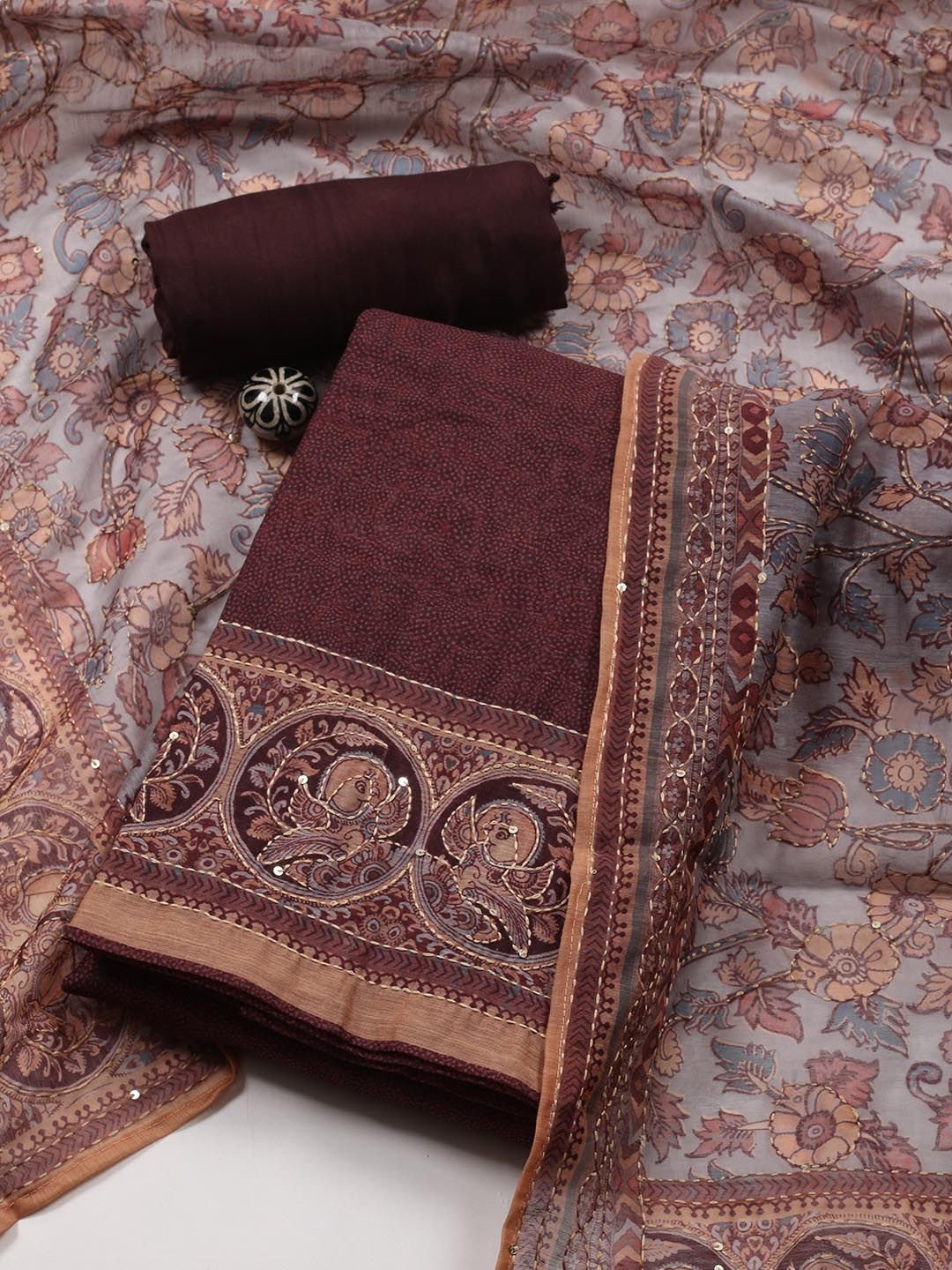 

Meena Bazaar Printed Art Silk Unstitched Dress Material, Brown