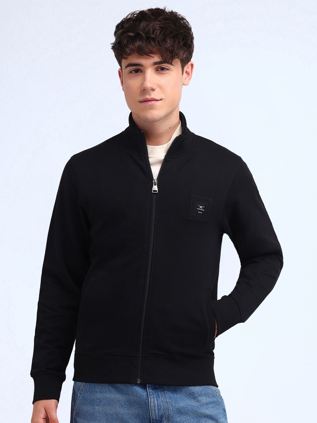 

Flying Machine Men Cotton Mock Collar Front-Open Sweatshirt, Black