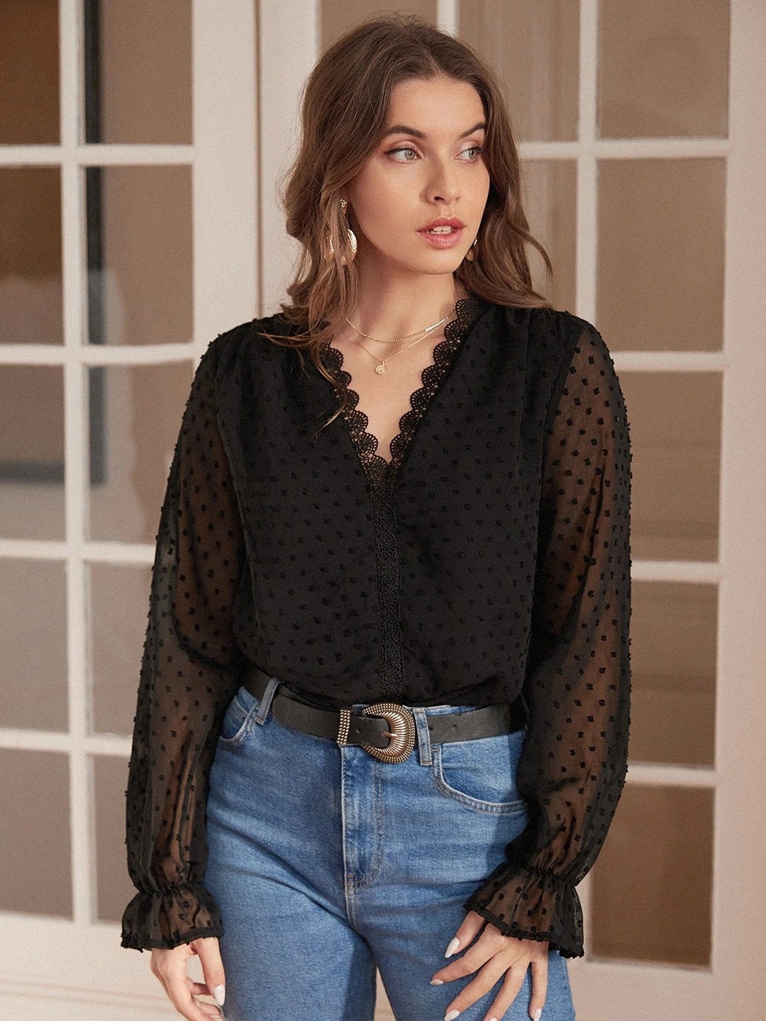 

MIZAGO Women Self Design V-Neck Puff Sleeves Top, Black