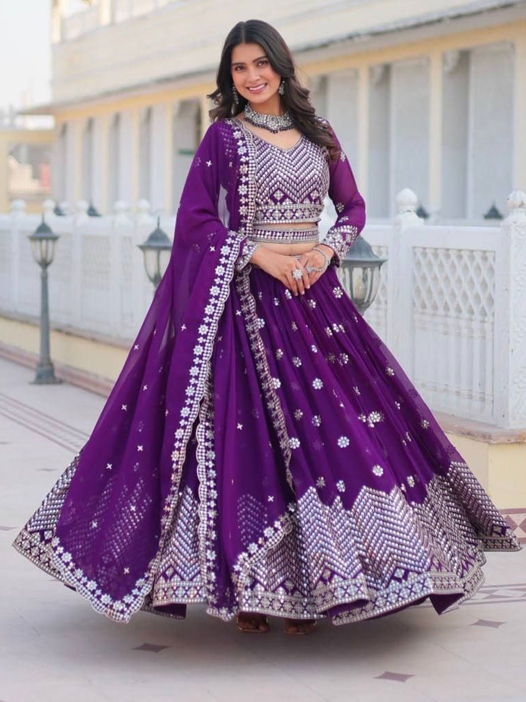 

Ethnic Yard Embroidered Sequinned Silk Georgette Ready to Wear Lehenga Choli, Purple