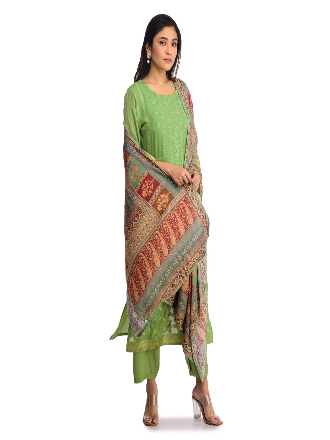 

ISHKIYA Floral Embroidered Straight Kurta With Trousers And Dupatta, Green