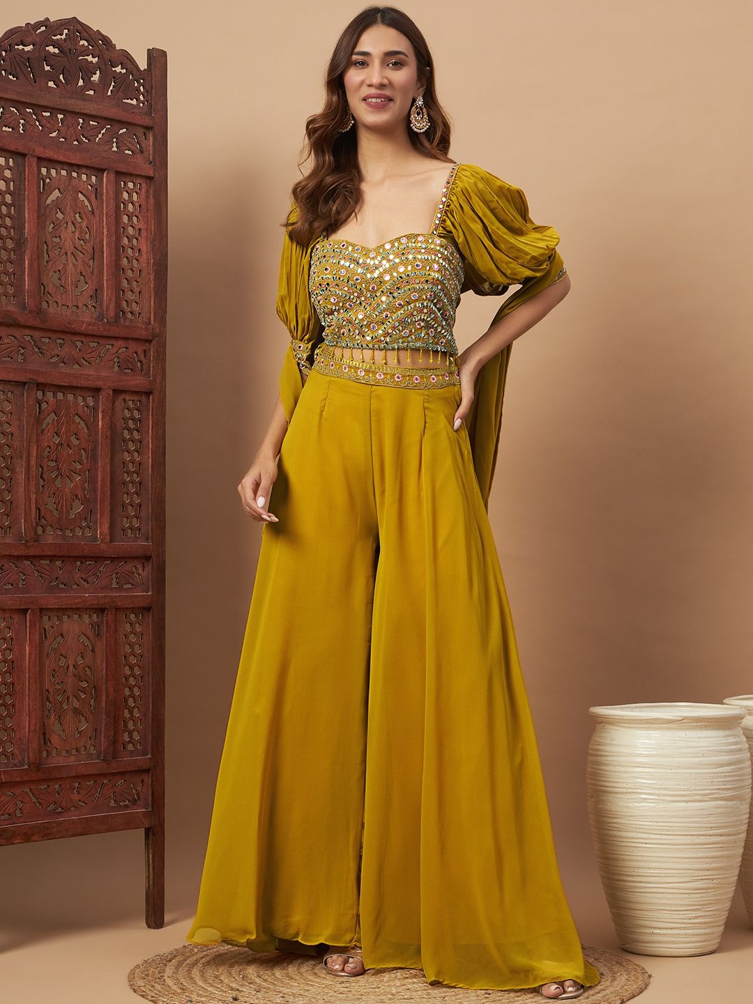 

Chhabra 555 Embroidered Mirror-Work Crop-Top with Palazzo And Dupatta, Mustard