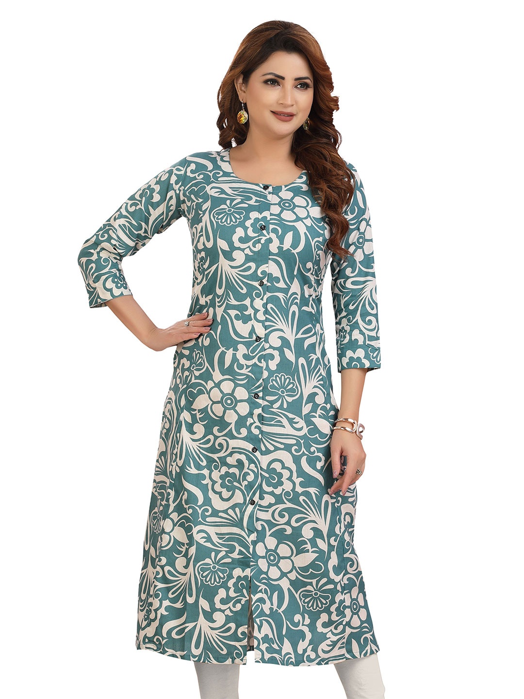 

Meher Impex Floral Printed Round Neck Pure Cotton STraight Kurta, Green