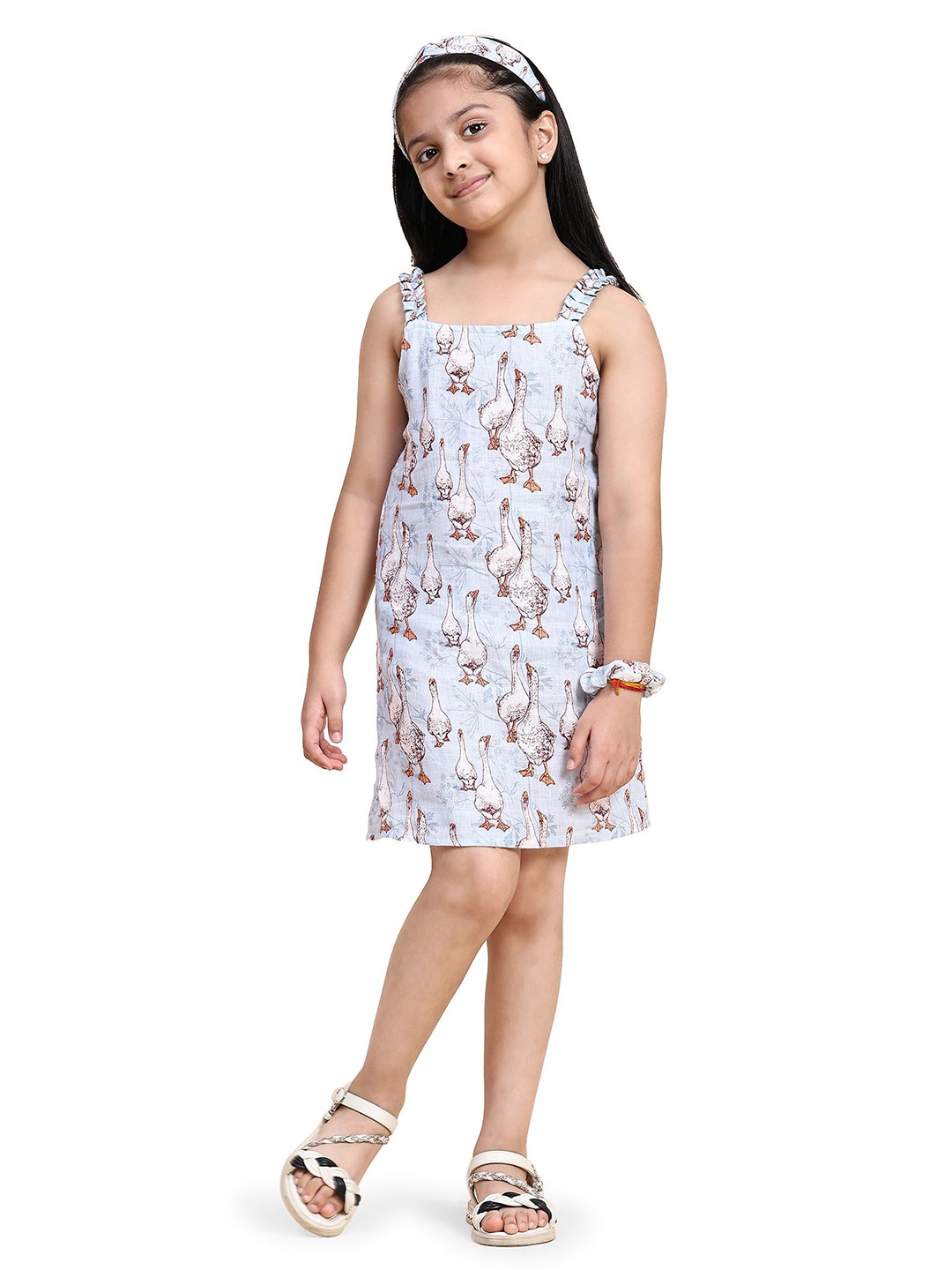 

Funny Bones Clothings Girls Shoulder Straps Printed Ruffles Linen A-Line Dress, Blue