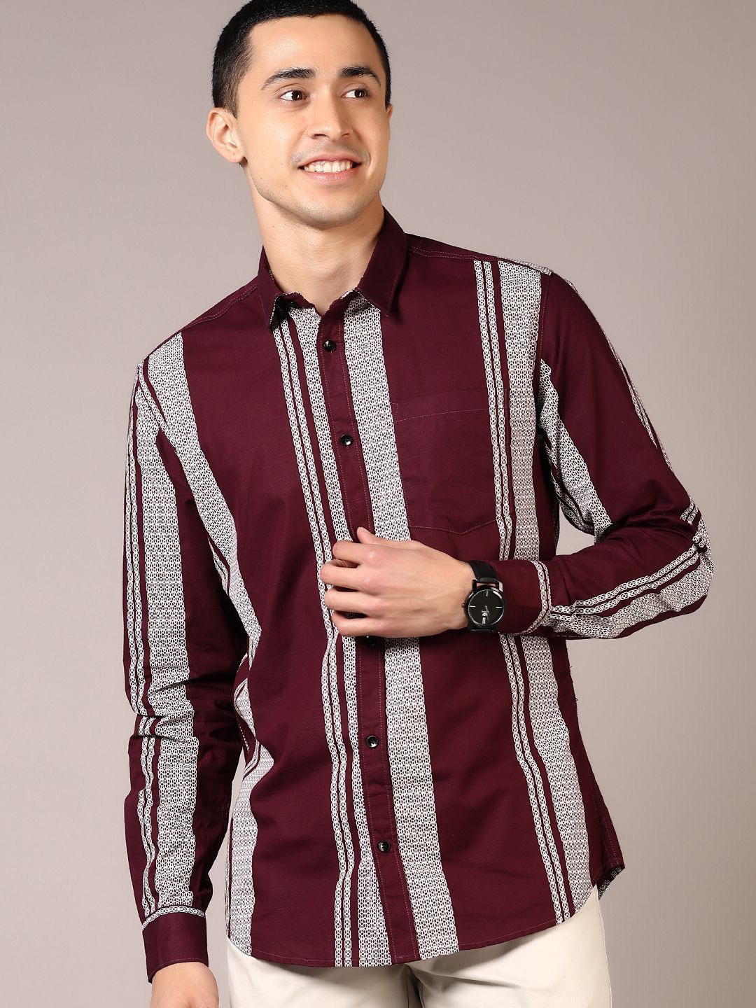 

V-Mart Men Spread Collar Vertical Striped Cotton Casual Shirt, Maroon