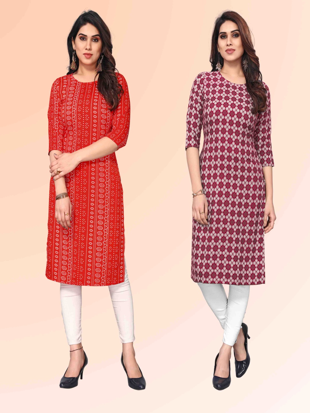 

KETAKI FASHION Selection Of 2 Geometric Printed Round Neck Straight Kurtas, Red