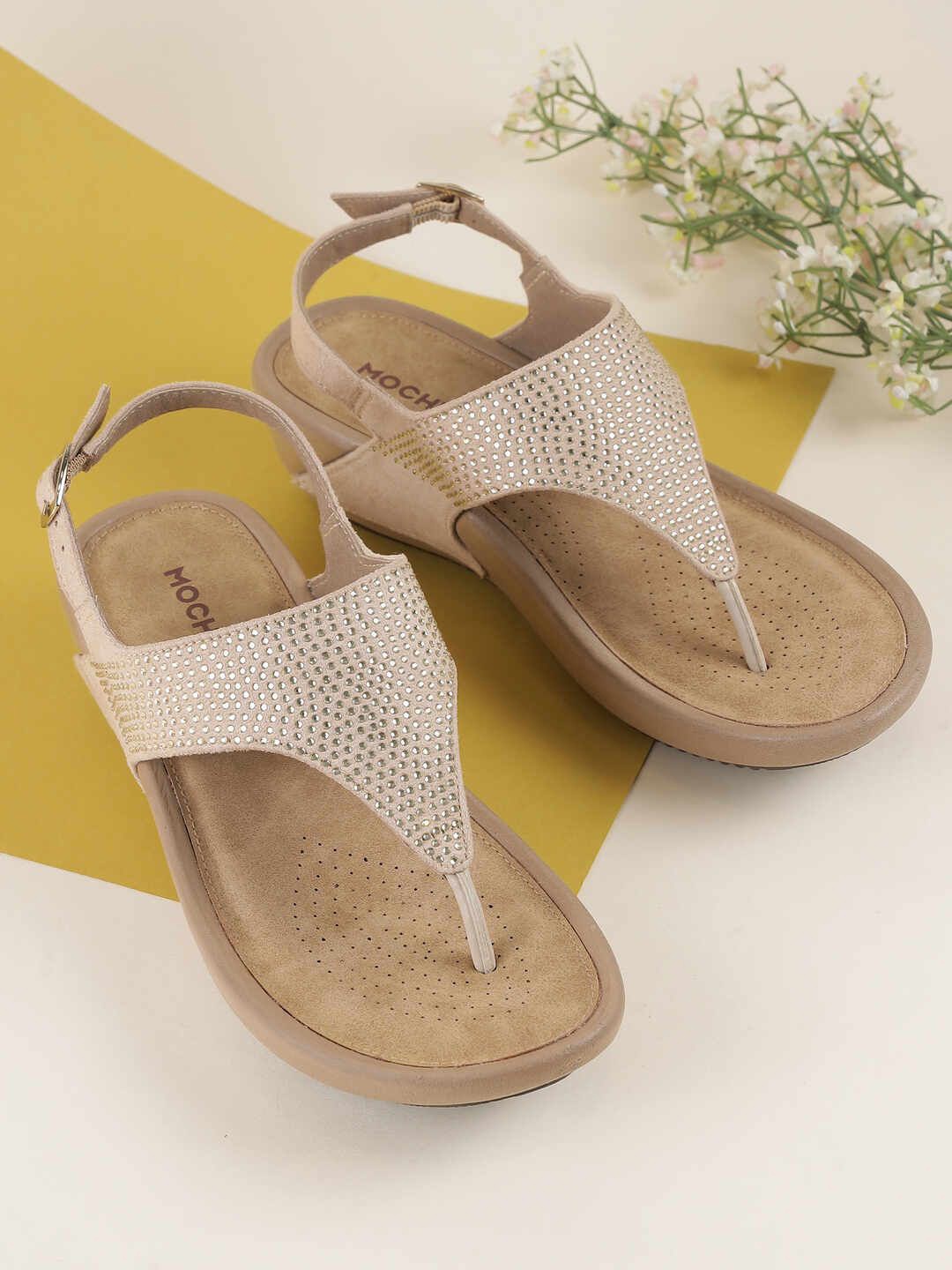 

Mochi Embellished Ethnic Wedge Sandals, Beige