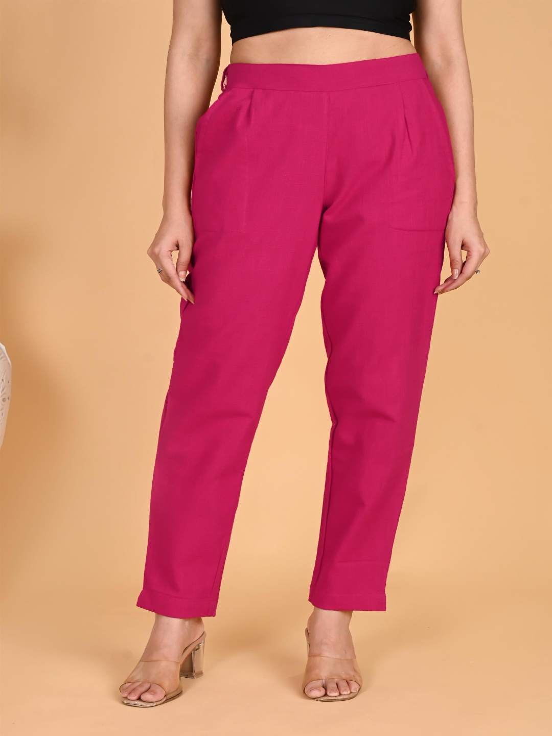 

SKYTICK Women Relaxed Fit Mid-Rise Cotton Trousers, Pink