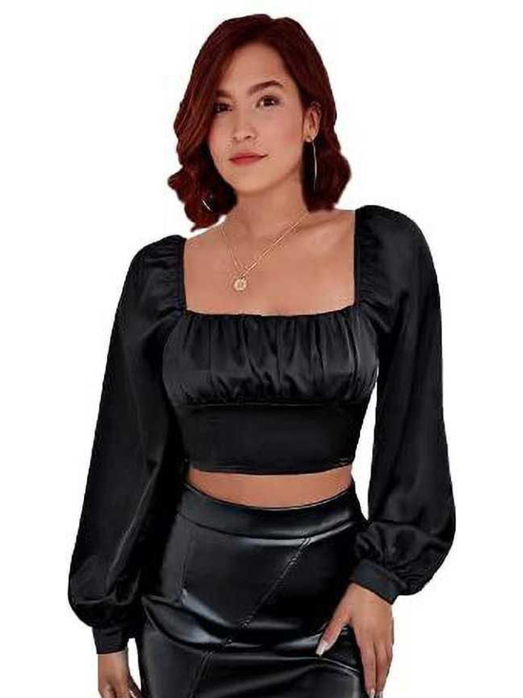 

CULPI Cuffed Sleeves Satin Cinched Waist Crop Top, Black