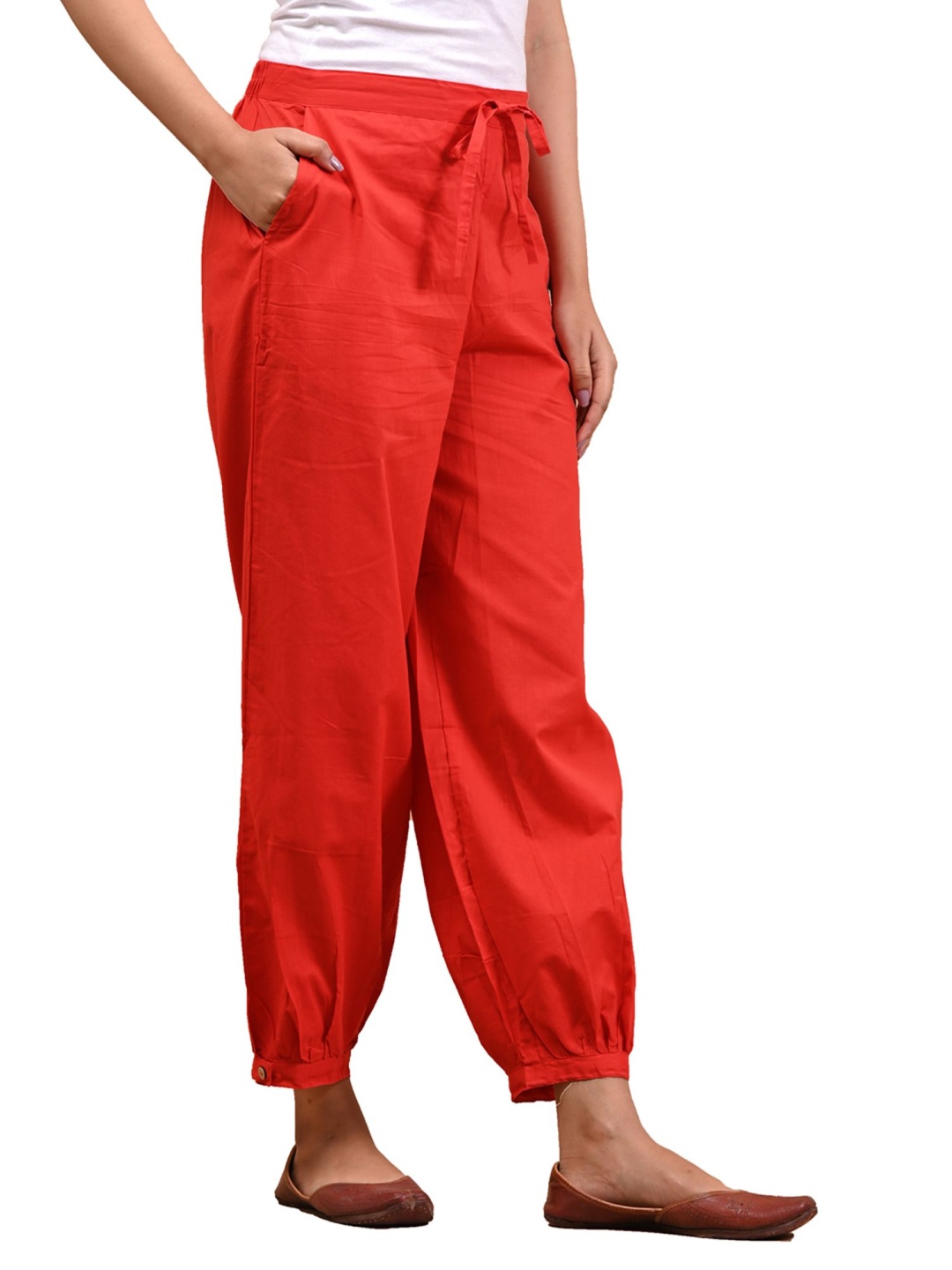 

Anootha Women Cotton Mid-Rise Loose Fit Harem Pants, Red