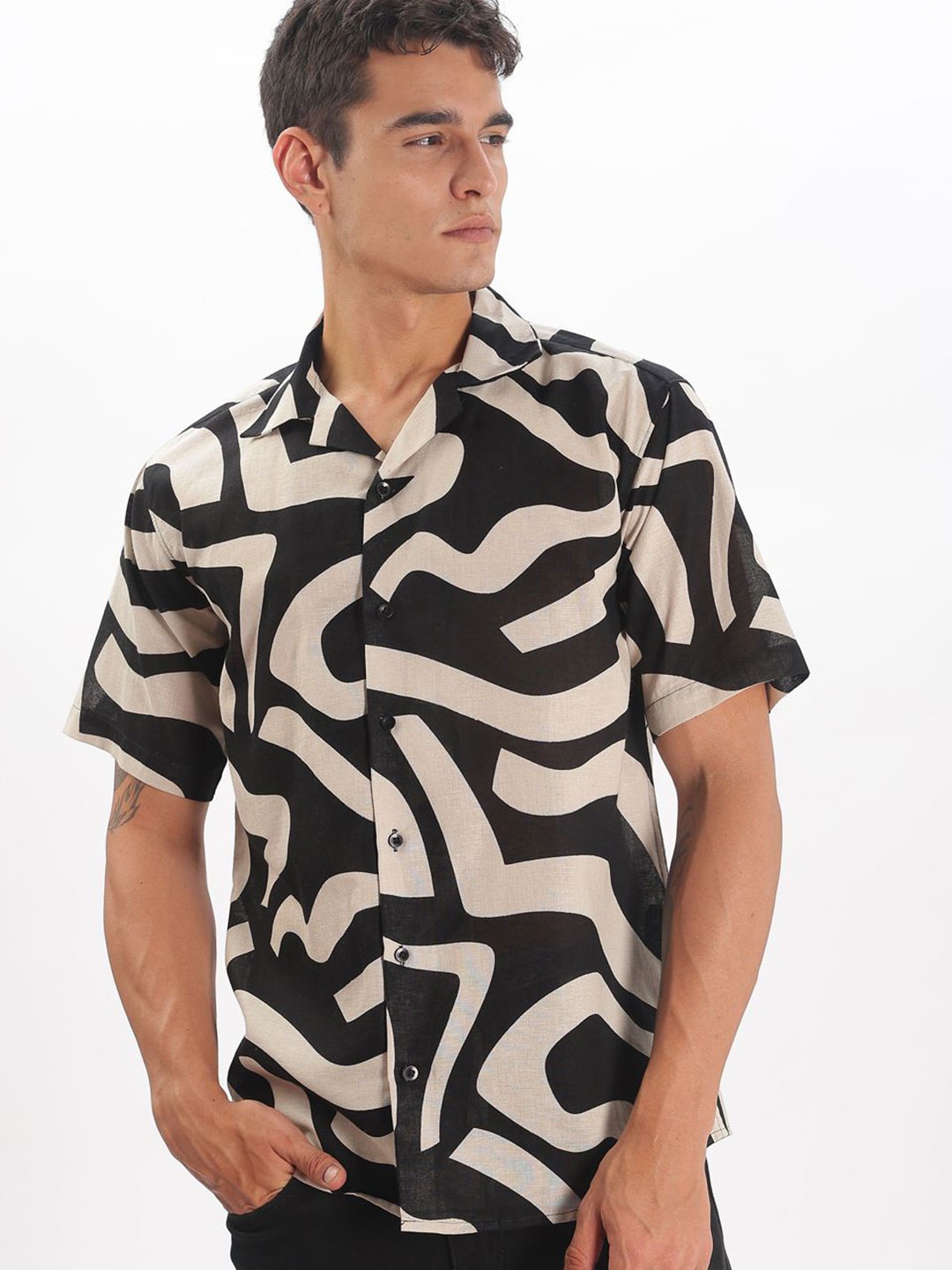 

BUMCHIQ Men Comfort Relaxed Fit Cuban Collar Abstract Printed Cotton Casual Shirt, Black