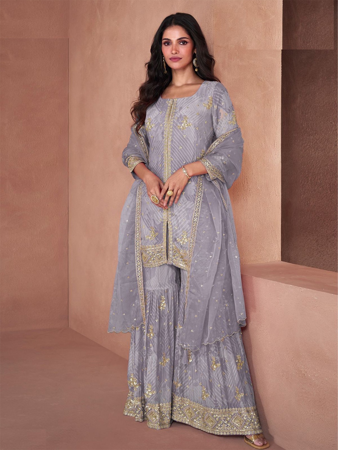 

ODETTE Women Floral Embellished Sequinned Georgette Kurta With Sharara & Dupatta, Lavender