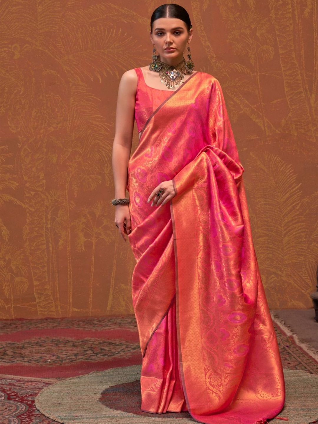 

PEENGAX Women Woven Design Zari Saree, Orange